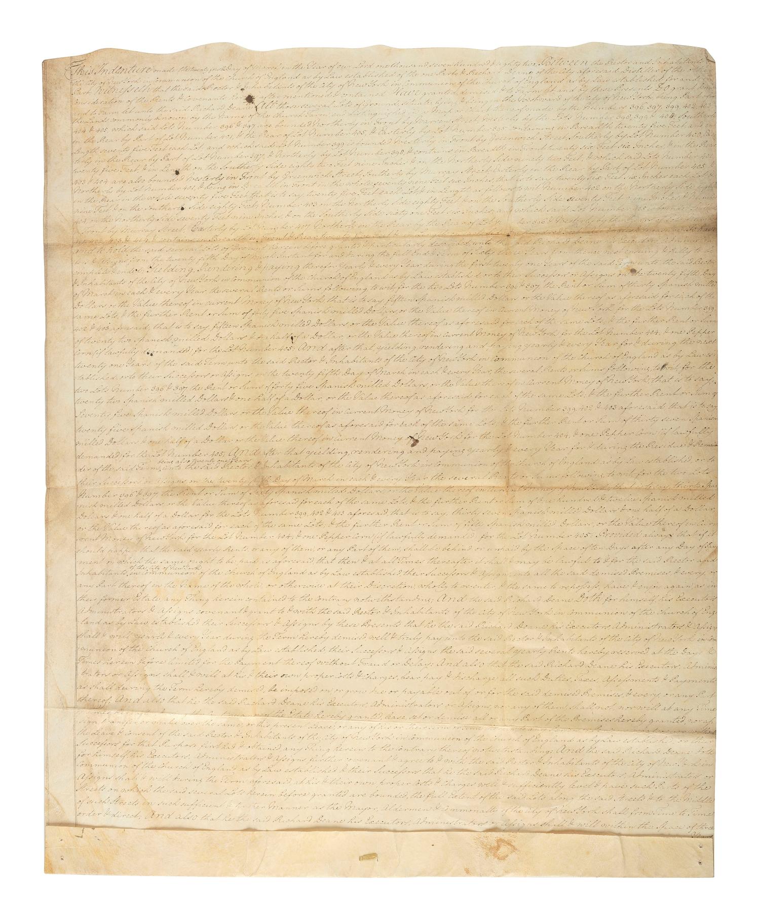 [COLONIAL] -- [NEW YORK]. Manhattan land lease granted to distiller Richard Deane. New York, 24 March 1782.