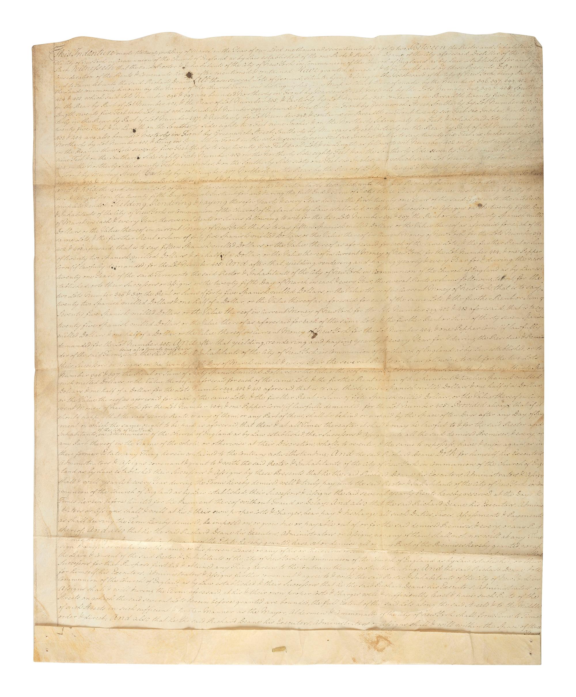 [COLONIAL] -- [NEW YORK]. Manhattan land lease granted to distiller Richard Deane. New York, 24 March 1782.