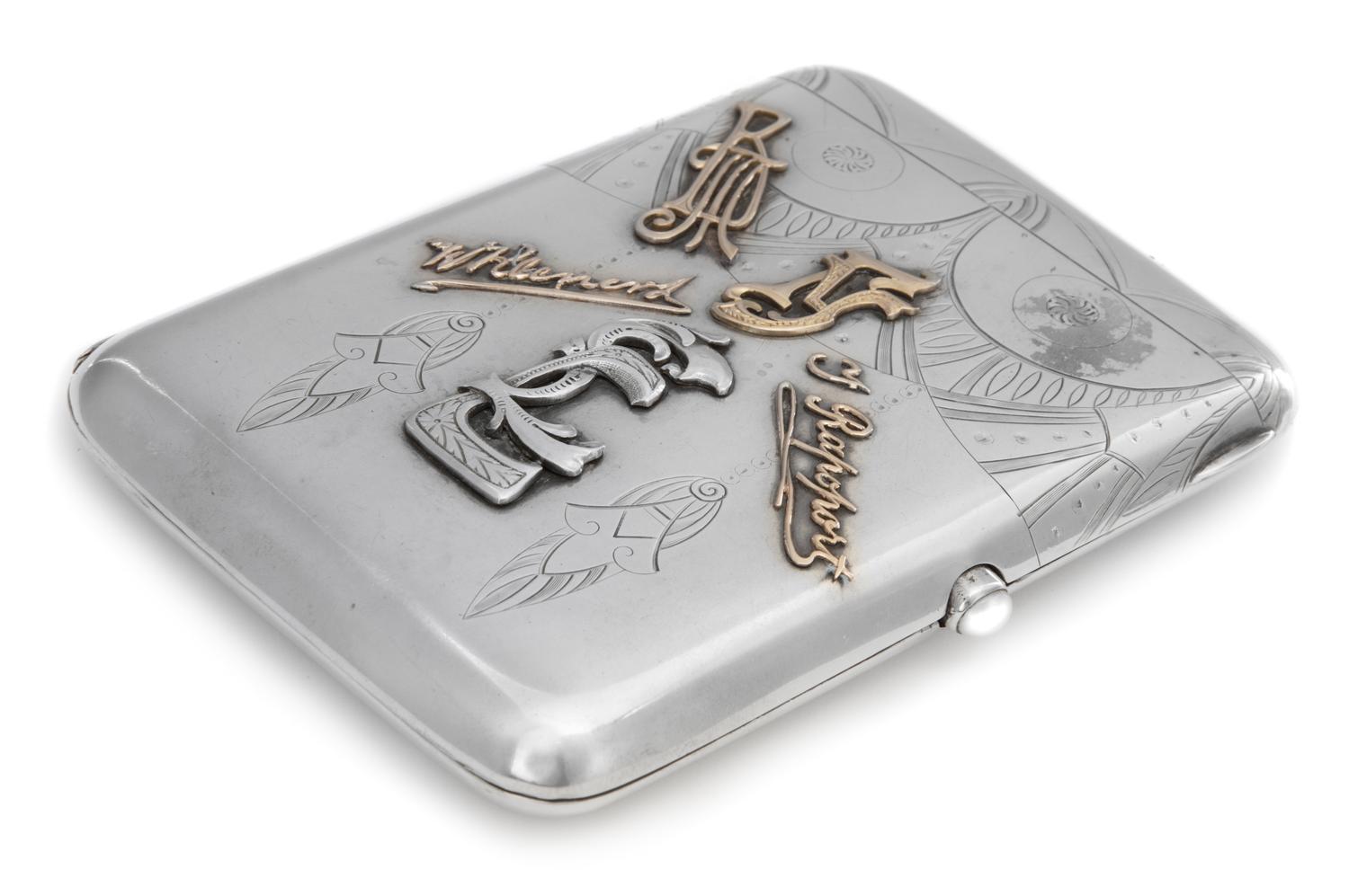 A Russian Silver Cigarette Case, Maker's Mark Cyrillic VN, Moscow, the lid with engraved geometric decoration and an applied monogram.