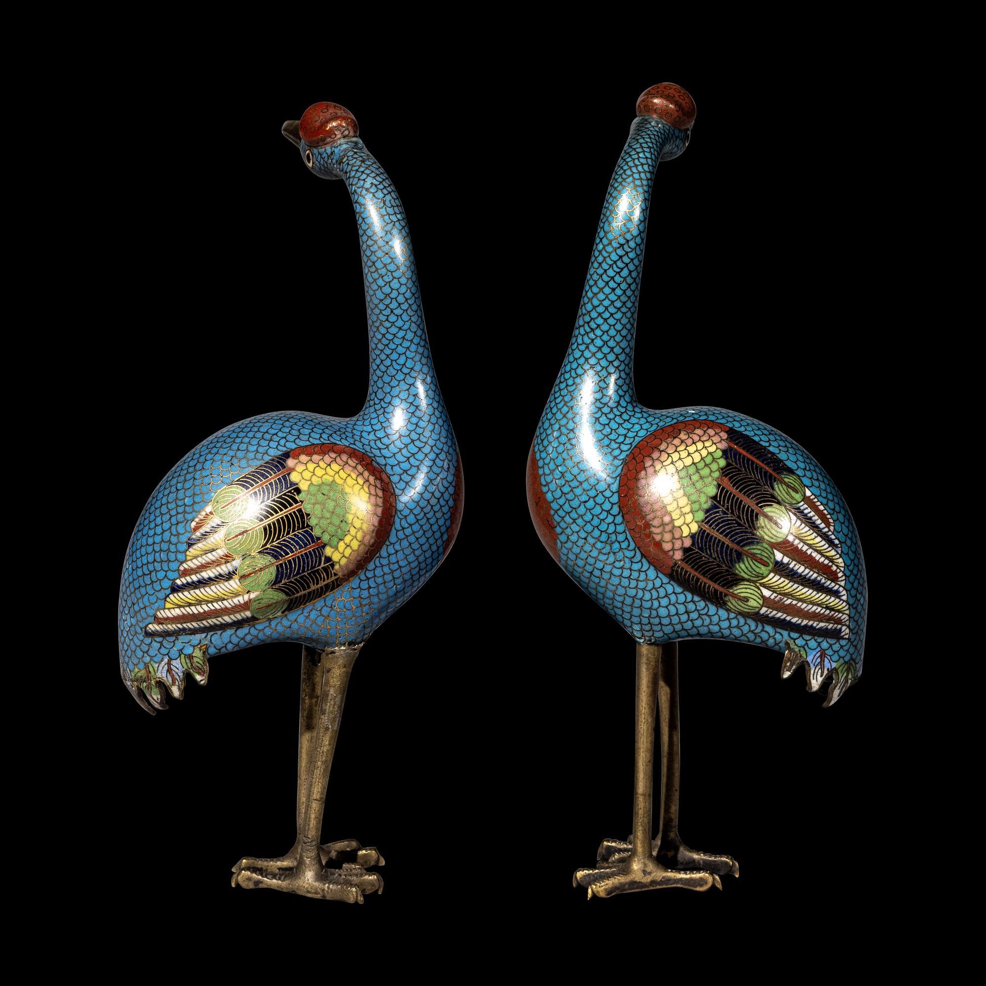A Pair of Chinese Cloisonné Enamel Figures of Cranes