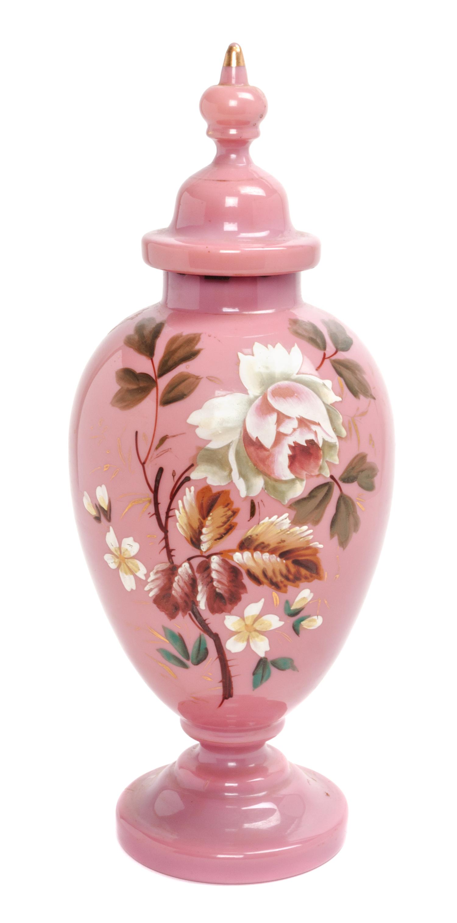 A Victorian Enameled Glass Covered Vase Height 13 3/4 inches.