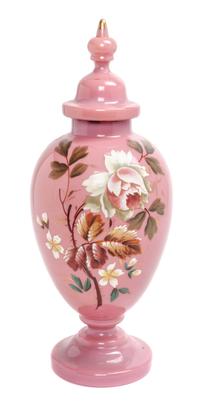 A Victorian Enameled Glass Covered Vase Height 13 3/4 inches.
