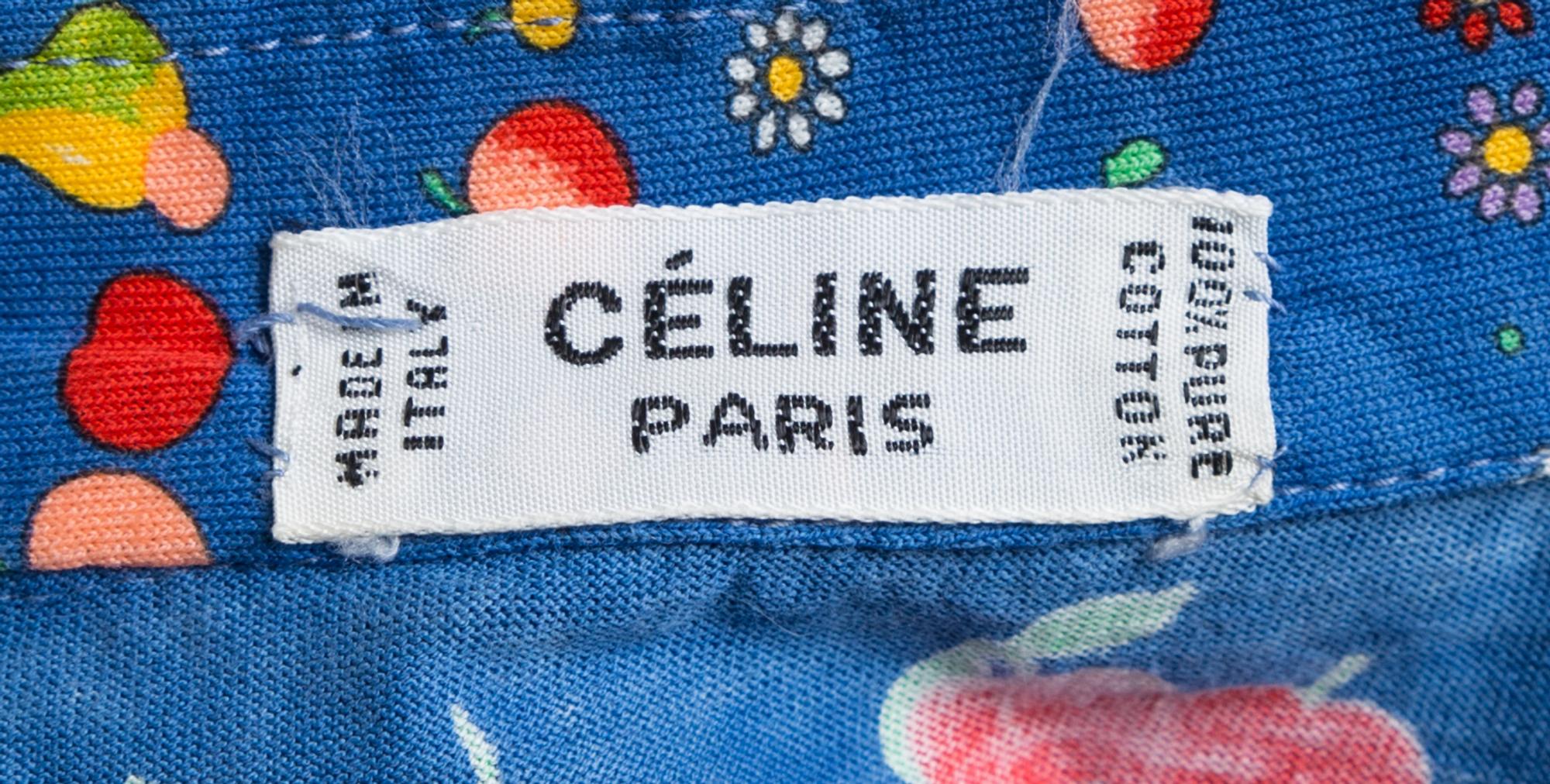 A Celine Blue Cotton Fruit Print Dress, Size 40; Self tie: 56.5" x 2.25".