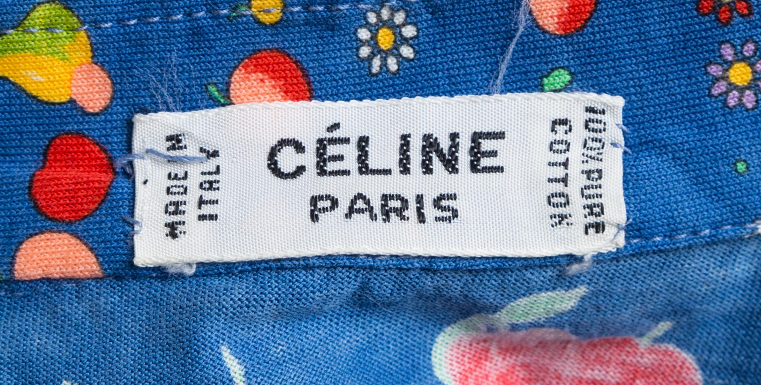 A Celine Blue Cotton Fruit Print Dress, Size 40; Self tie: 56.5" x 2.25".