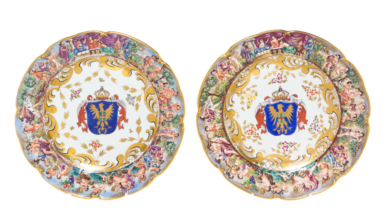 A Pair of Capodimonte Porcelain Chargers Diameter 11 1/8 inches.