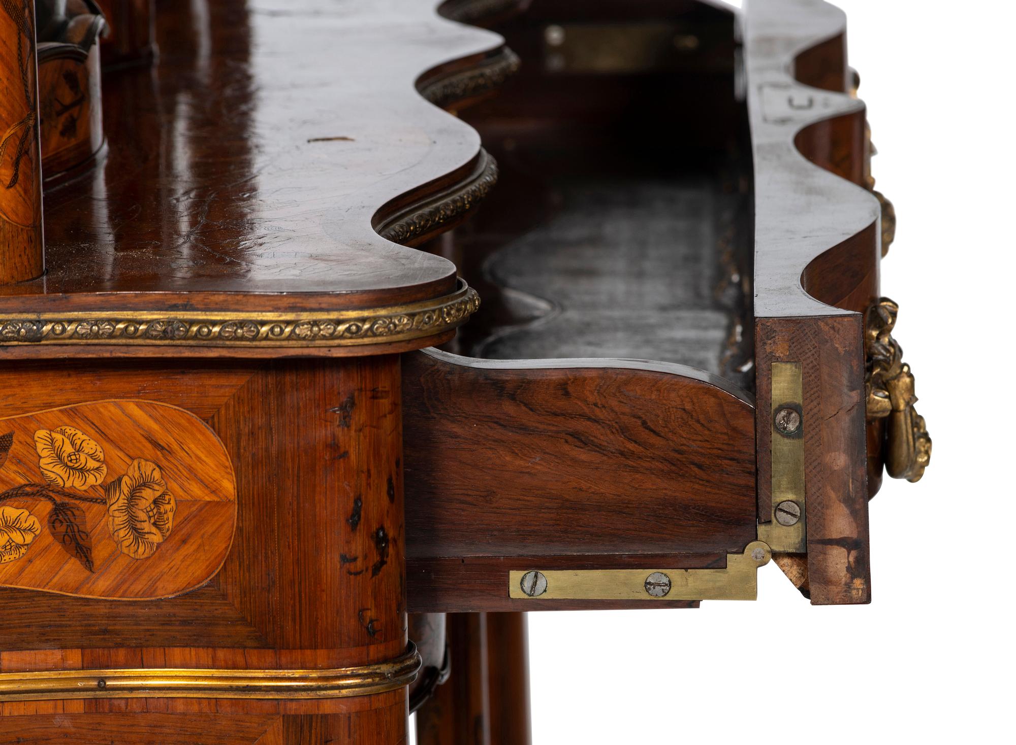 A Louis XV Style Gilt Bronze Mounted Marquetry Serpentine-Front Vitrine Cabinet