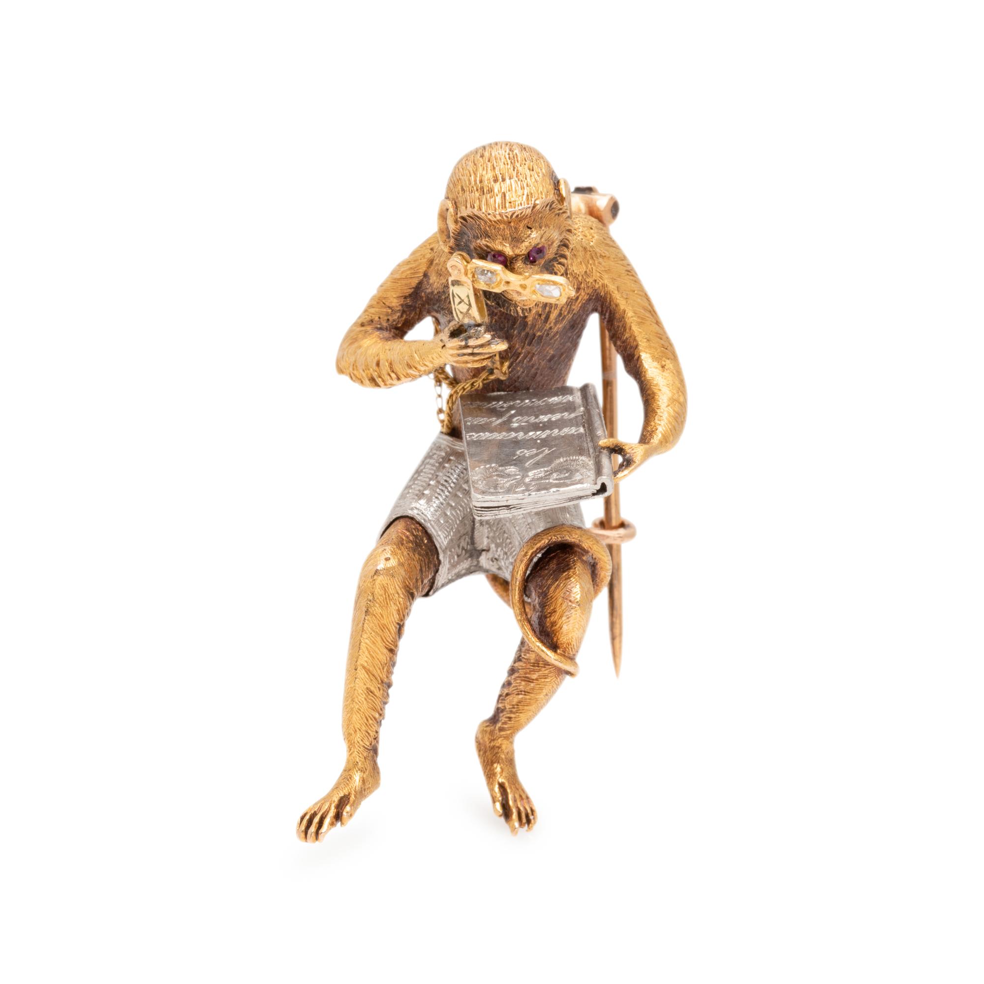 FRENCH, ANTIQUE, YELLOW GOLD AND PLATINUM MONKEY BROOCH