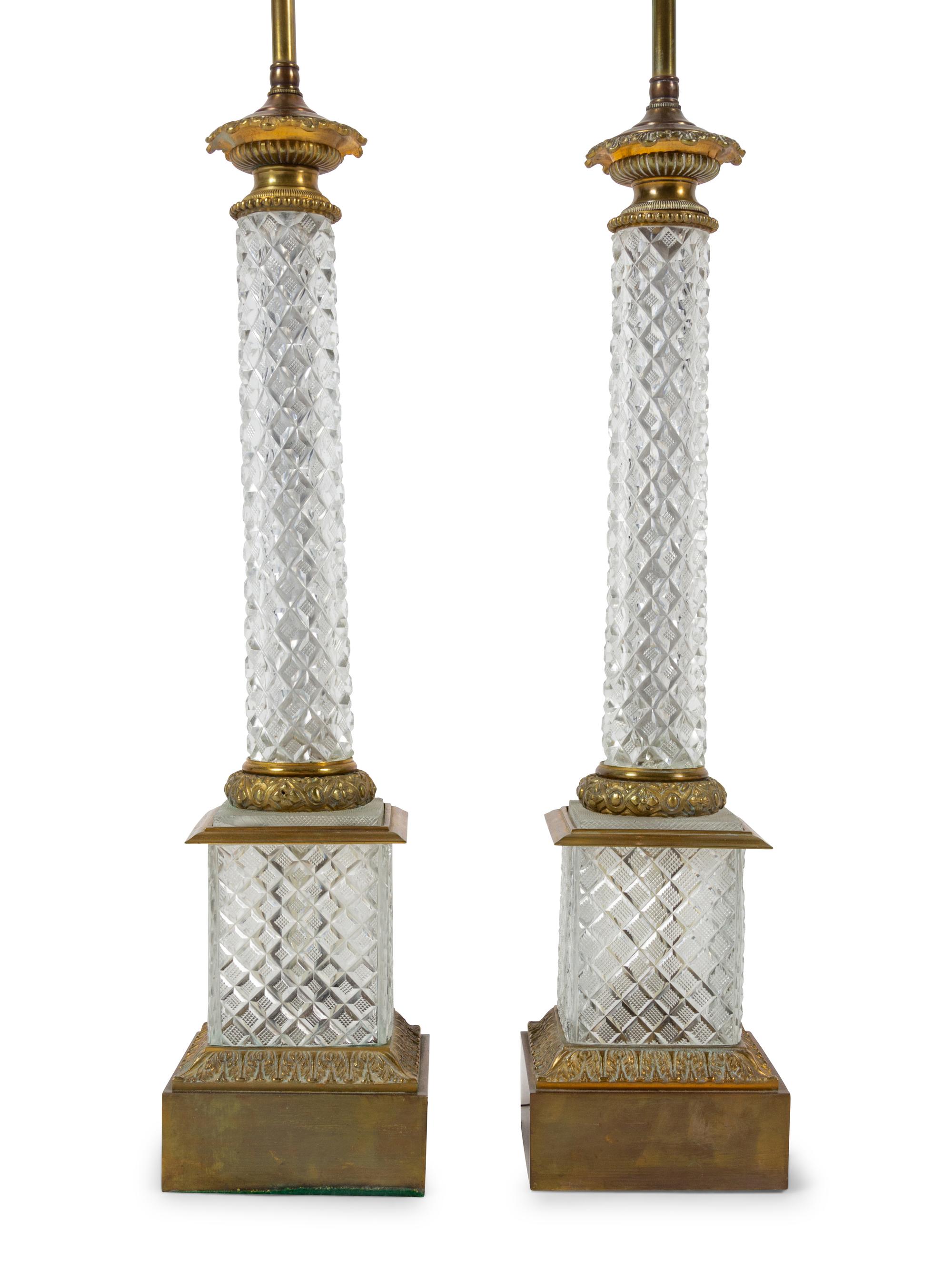 A Pair of Gilt Metal Mounted Cut Glass Columnar Lamps