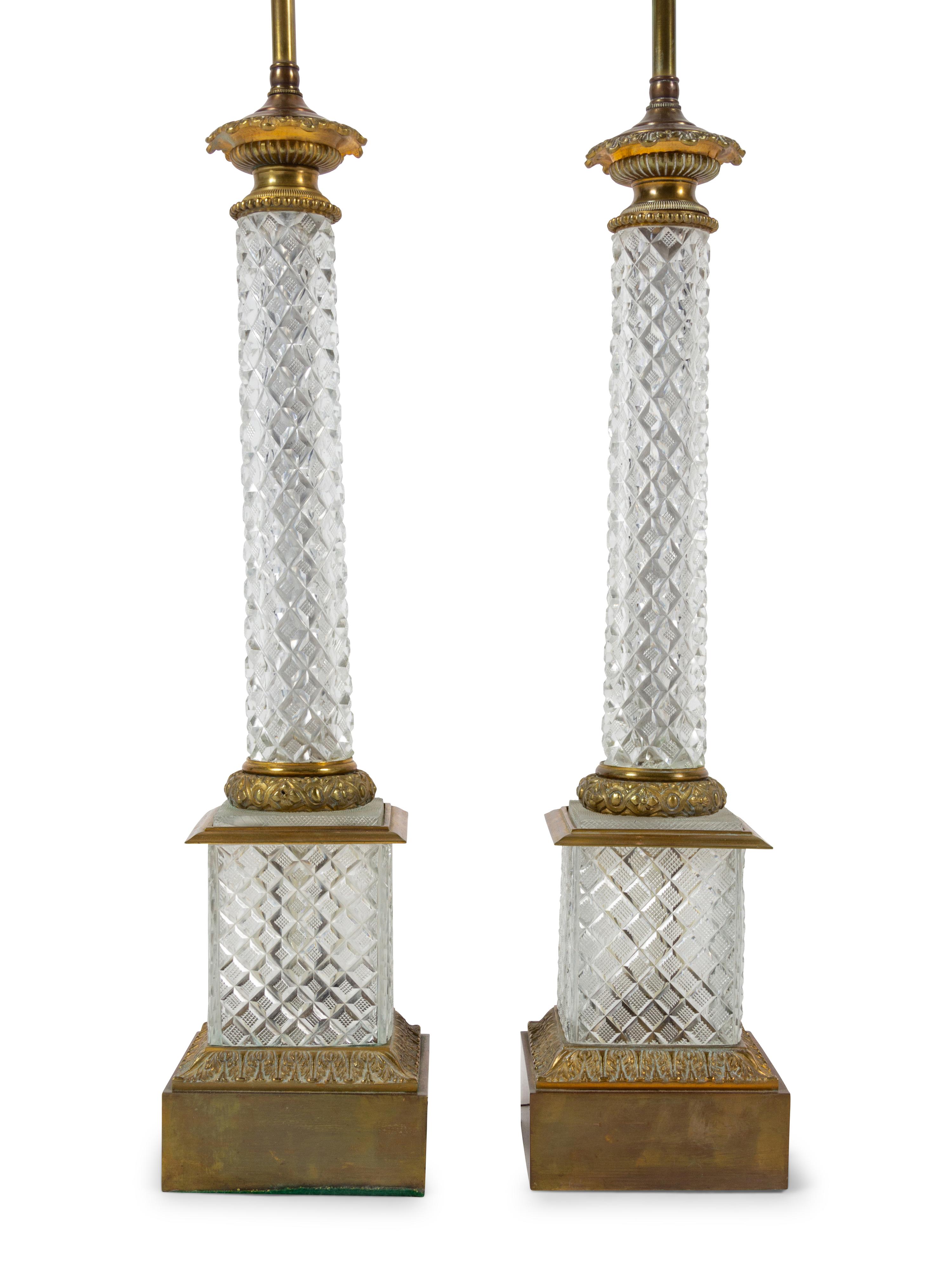 A Pair of Gilt Metal Mounted Cut Glass Columnar Lamps