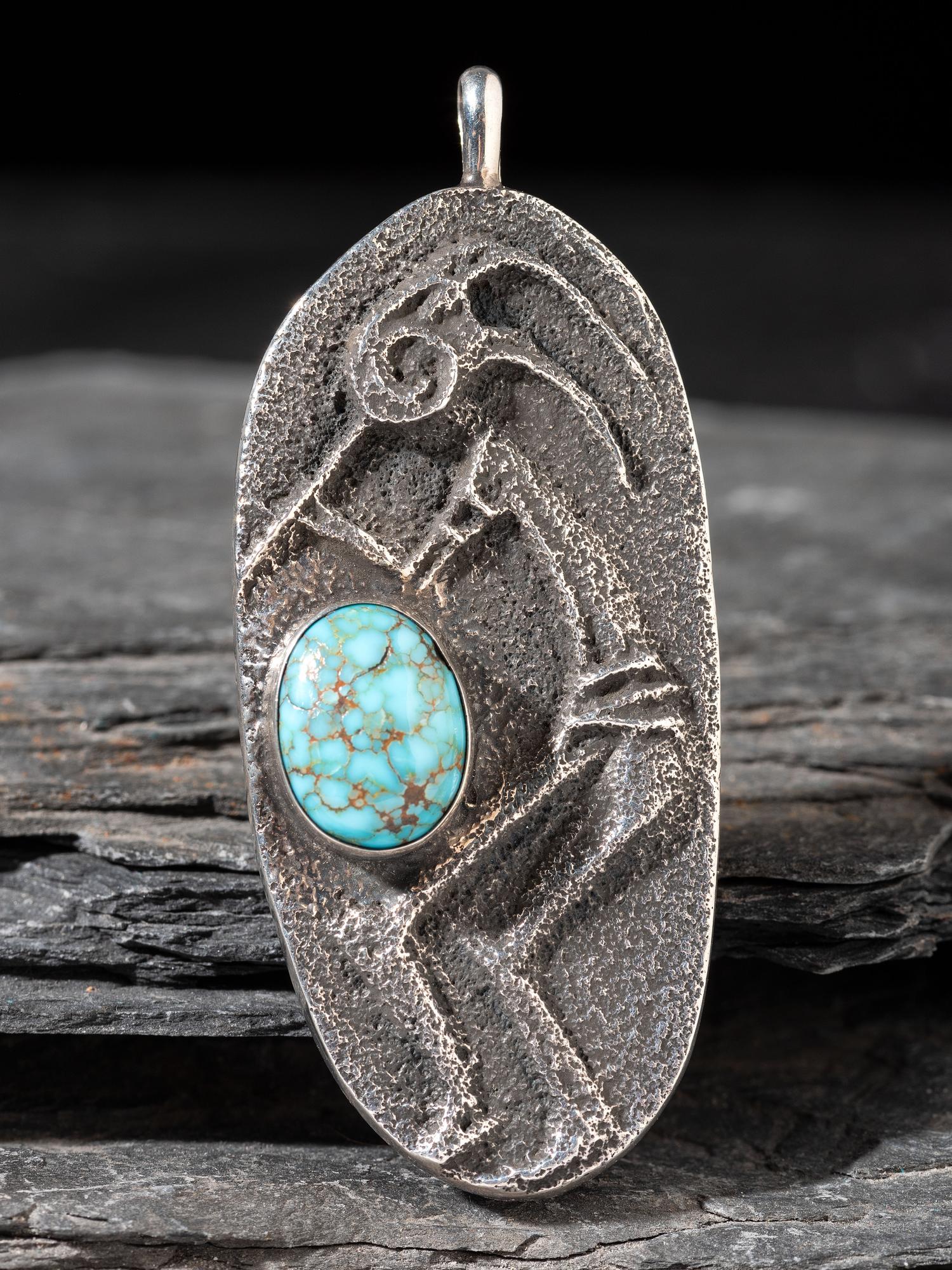 Tufa Cast Silver Kokopelli Pendant, with Turquoise