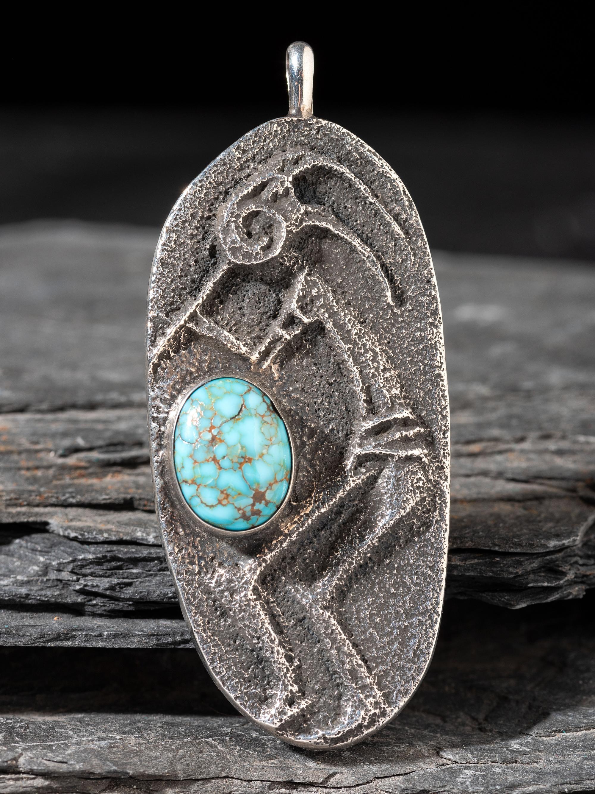 Tufa Cast Silver Kokopelli Pendant, with Turquoise