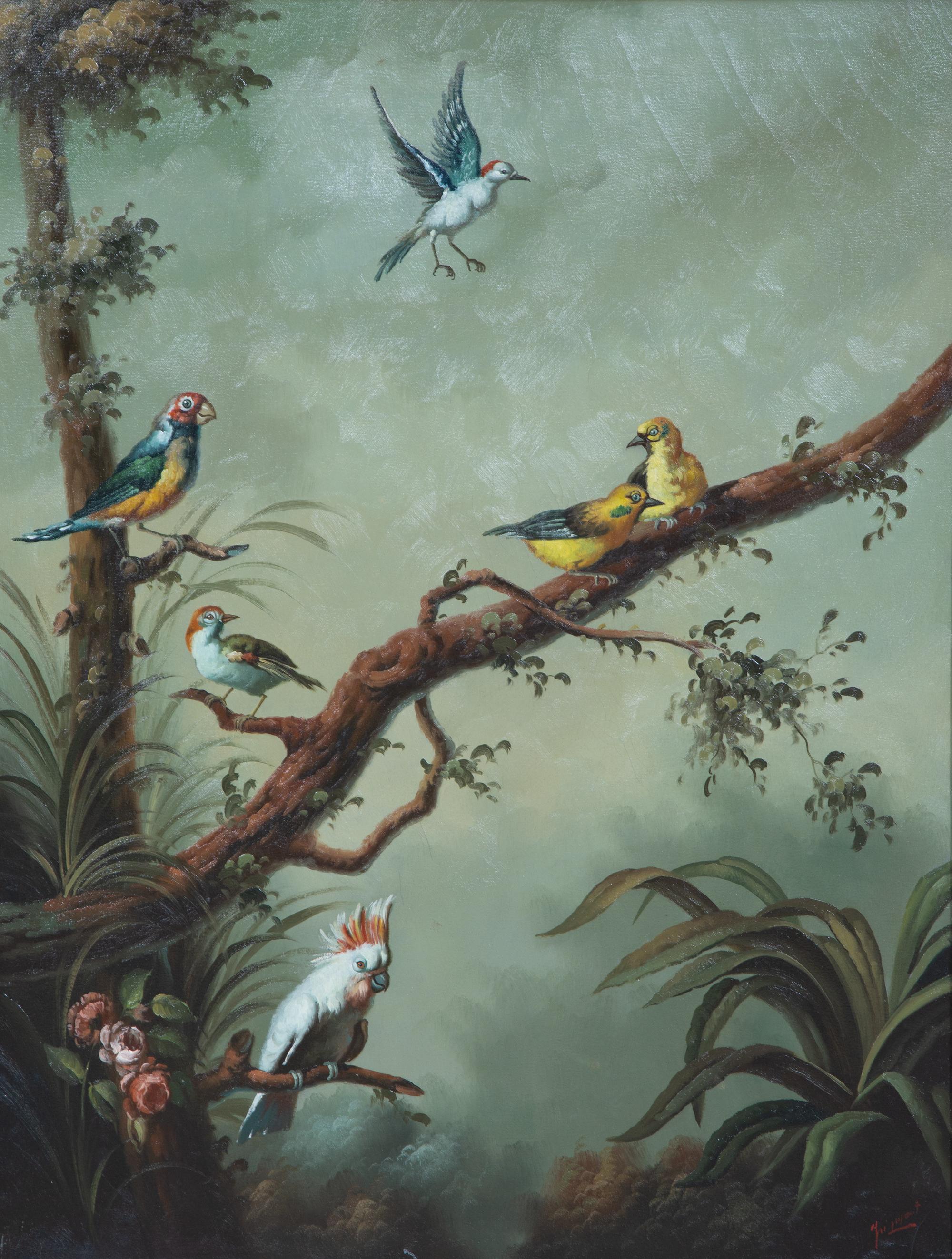 Exotic Birds in Misty Forest