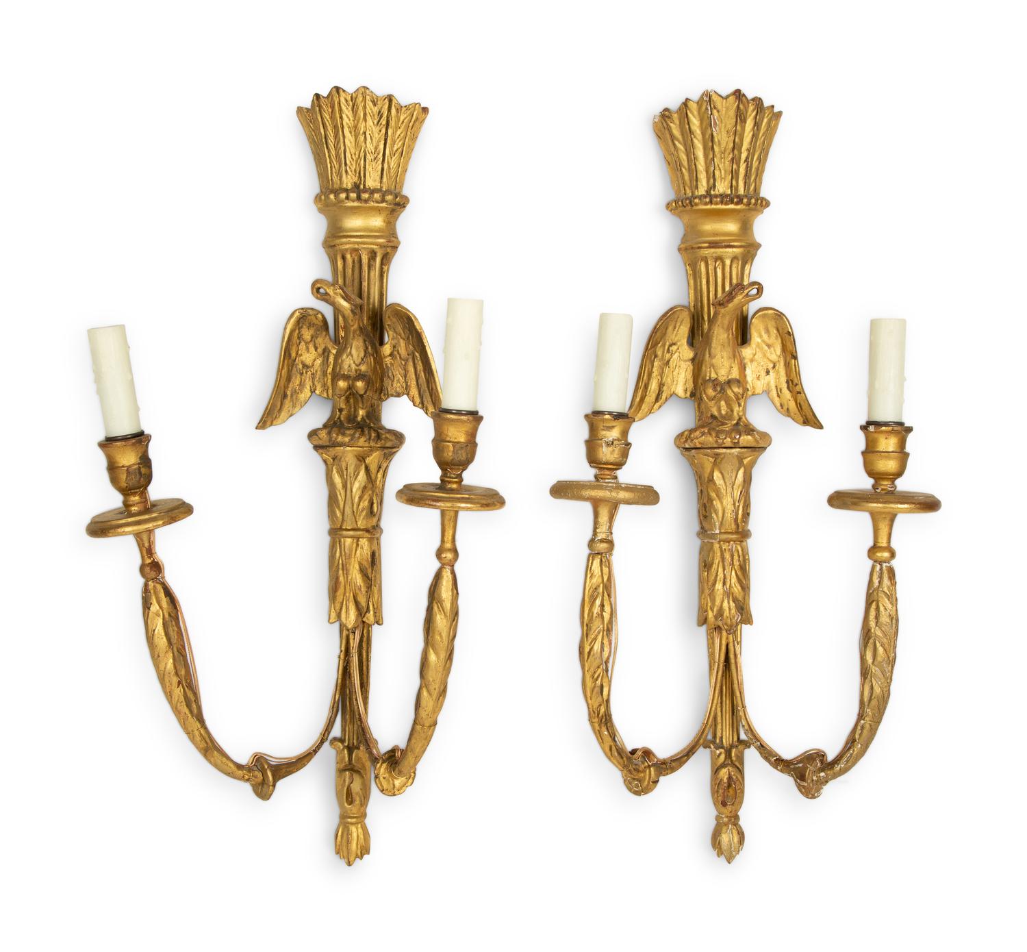 A Group of Six Regency Style Giltwood Two-Light Sconces