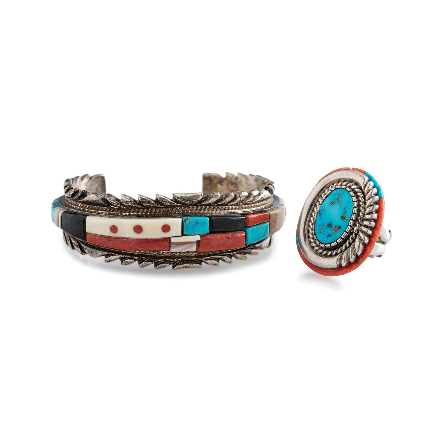 Silver and Cobblestone Inlay Cuff Bracelet and Ring Set