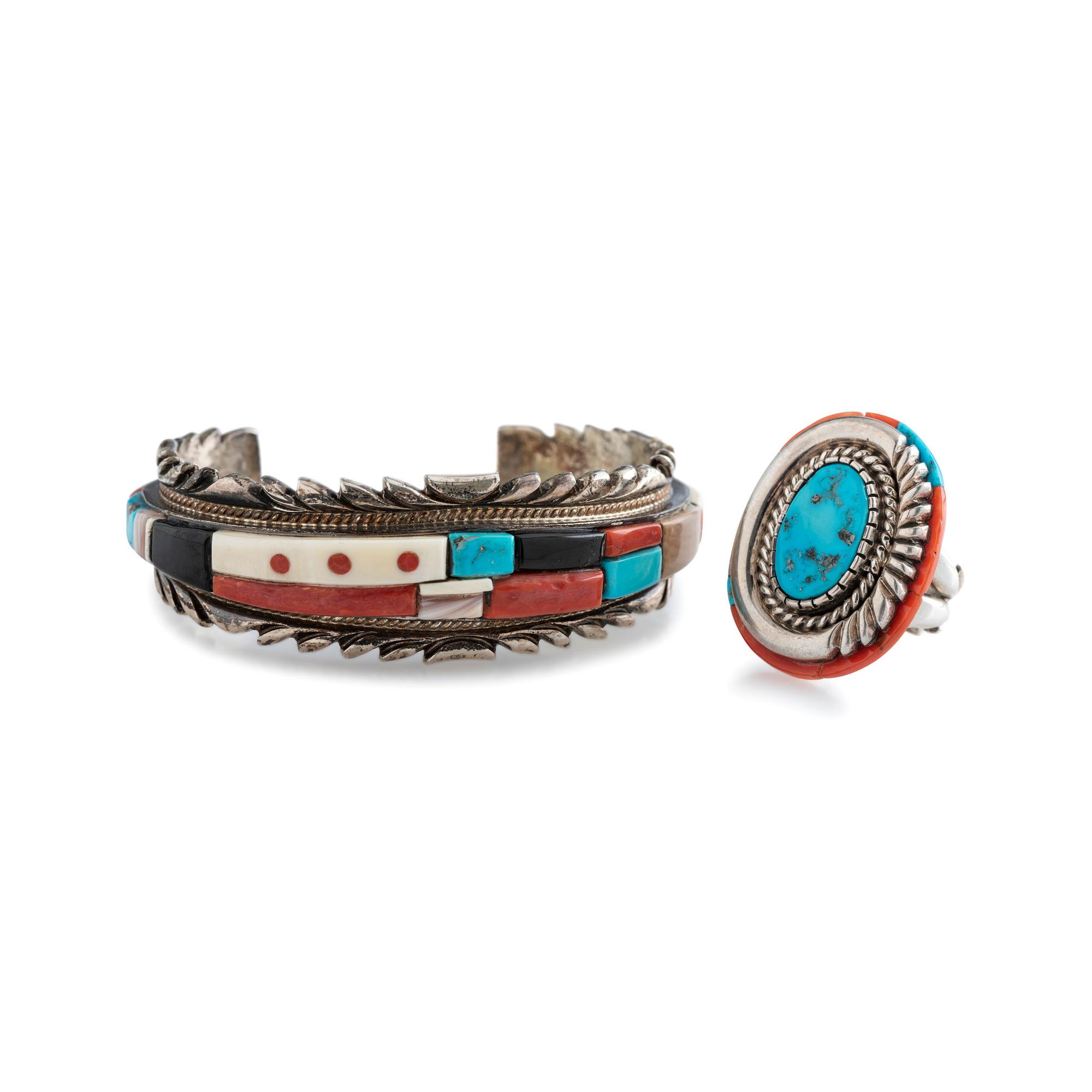 Silver and Cobblestone Inlay Cuff Bracelet and Ring Set