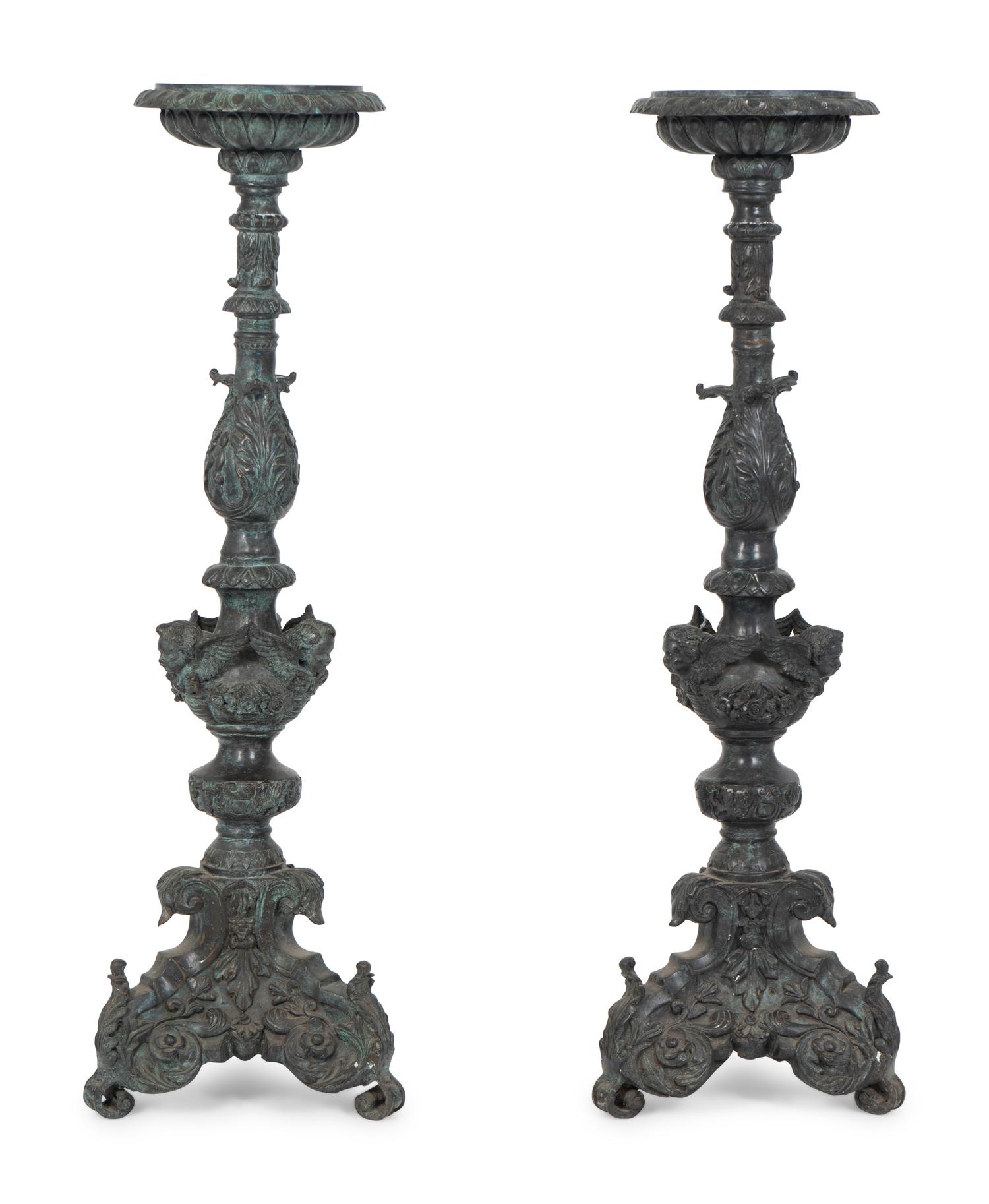 A Pair of Large Patinated Bronze Prickets — 19TH CENTURY