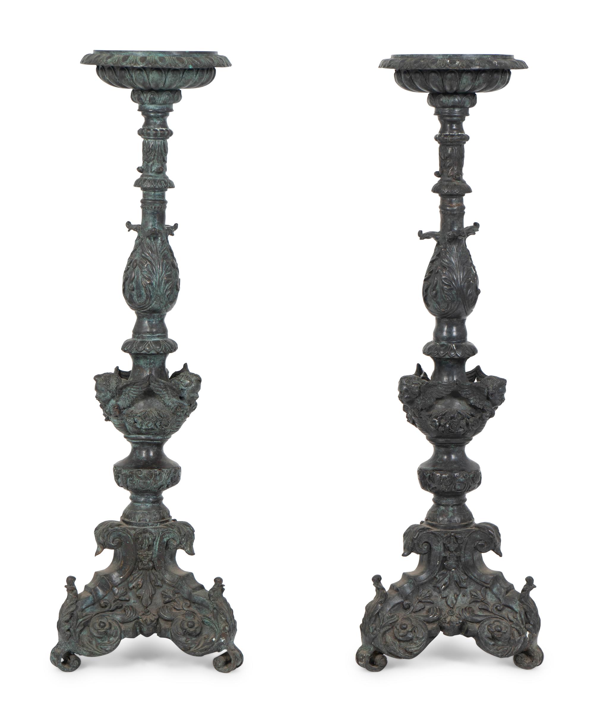 A Pair of Large Patinated Bronze Prickets — 19TH CENTURY