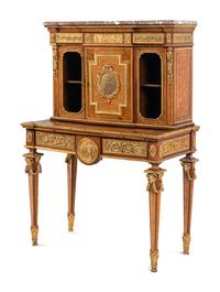 A Louis XVI Style Gilt Bronze Mounted Amaranth, Burr Maple and Kingwood Parquetry Marble-Top Bonheur du Jour