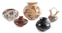 Five Mata Ortiz Polychrome Vases Height of largest 7 1/2 inches