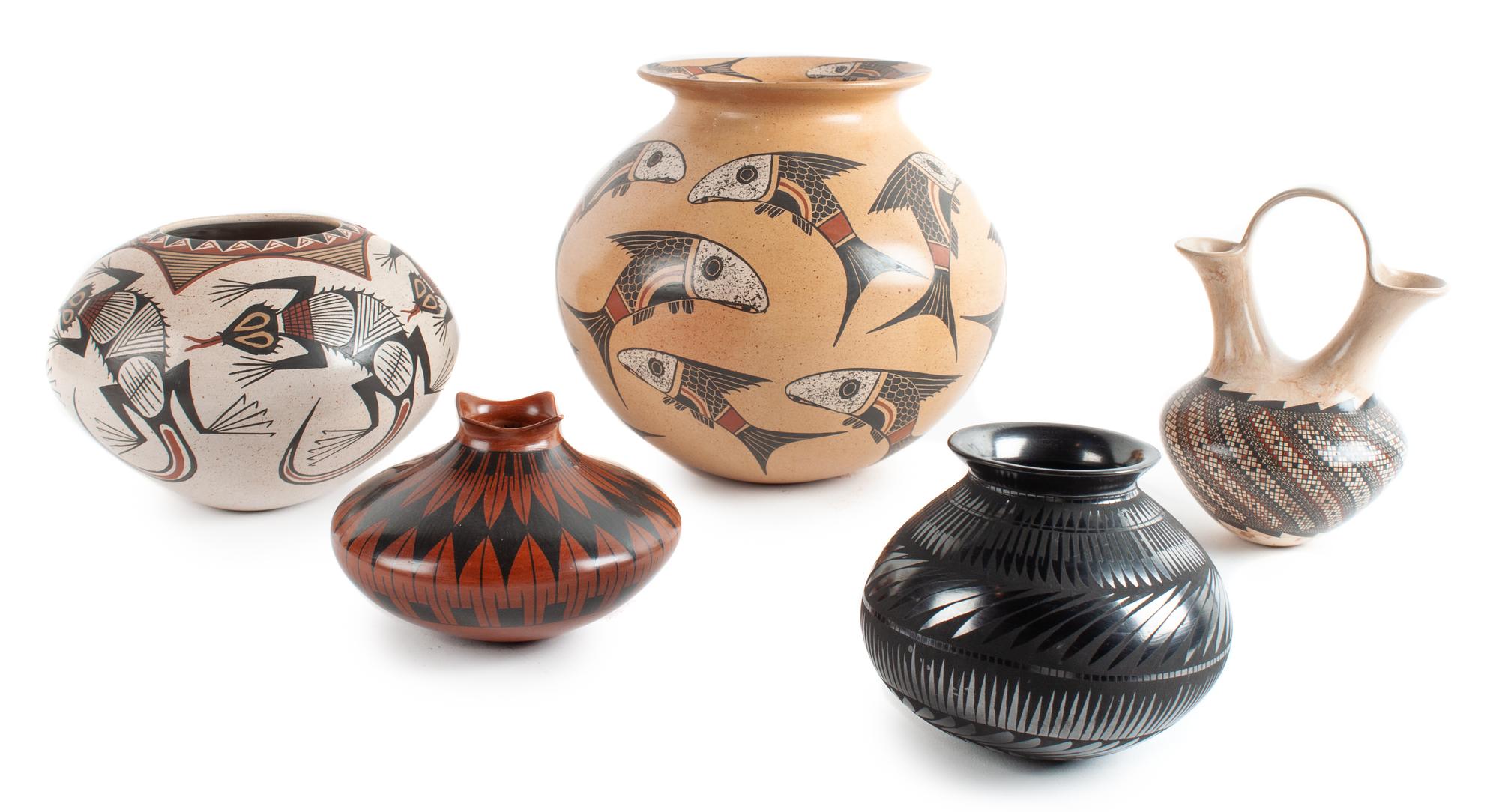Five Mata Ortiz Polychrome Vases Height of largest 7 1/2 inches