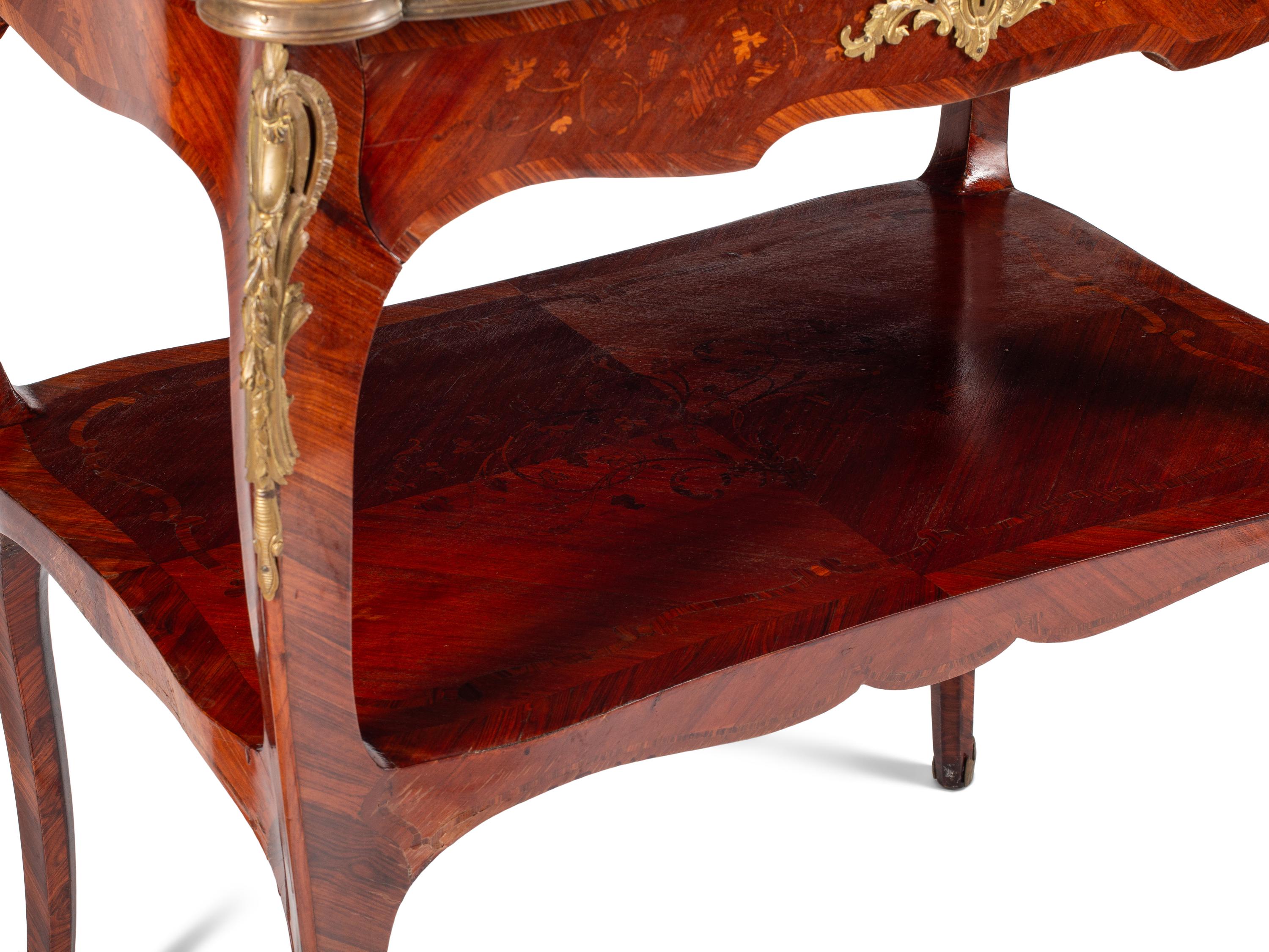 A Louis XV Style Gilt Bronze Mounted Kingwood and Floral Marquetry Serving Table