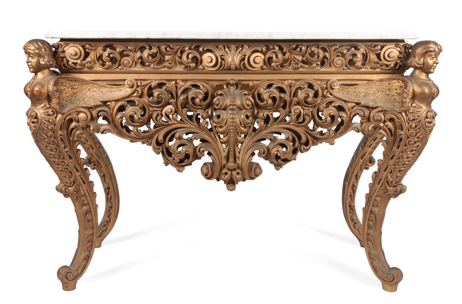 A Continental Figural Console Table Height 35 x width 52 x depth 23 inches.