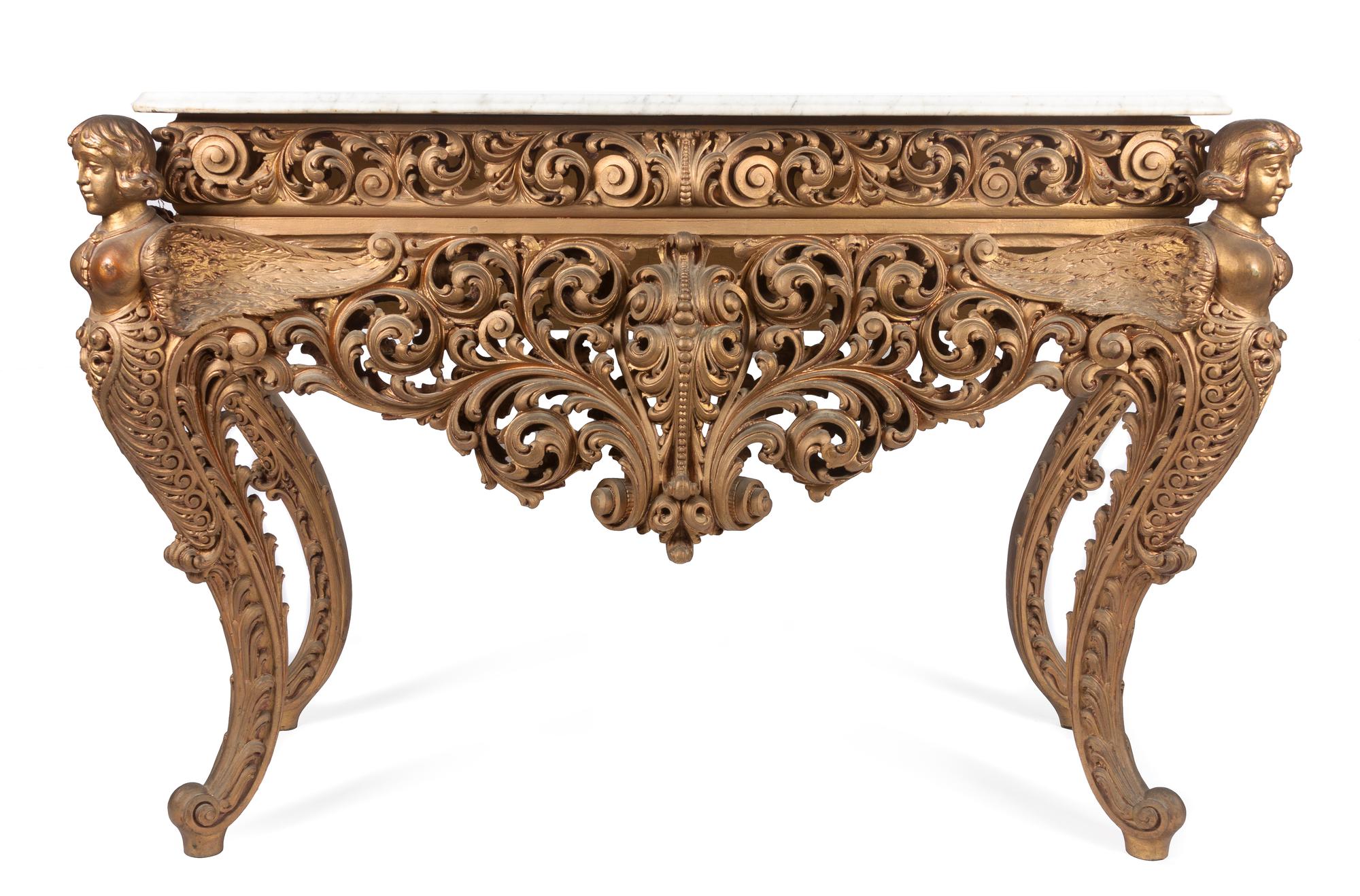A Continental Figural Console Table Height 35 x width 52 x depth 23 inches.