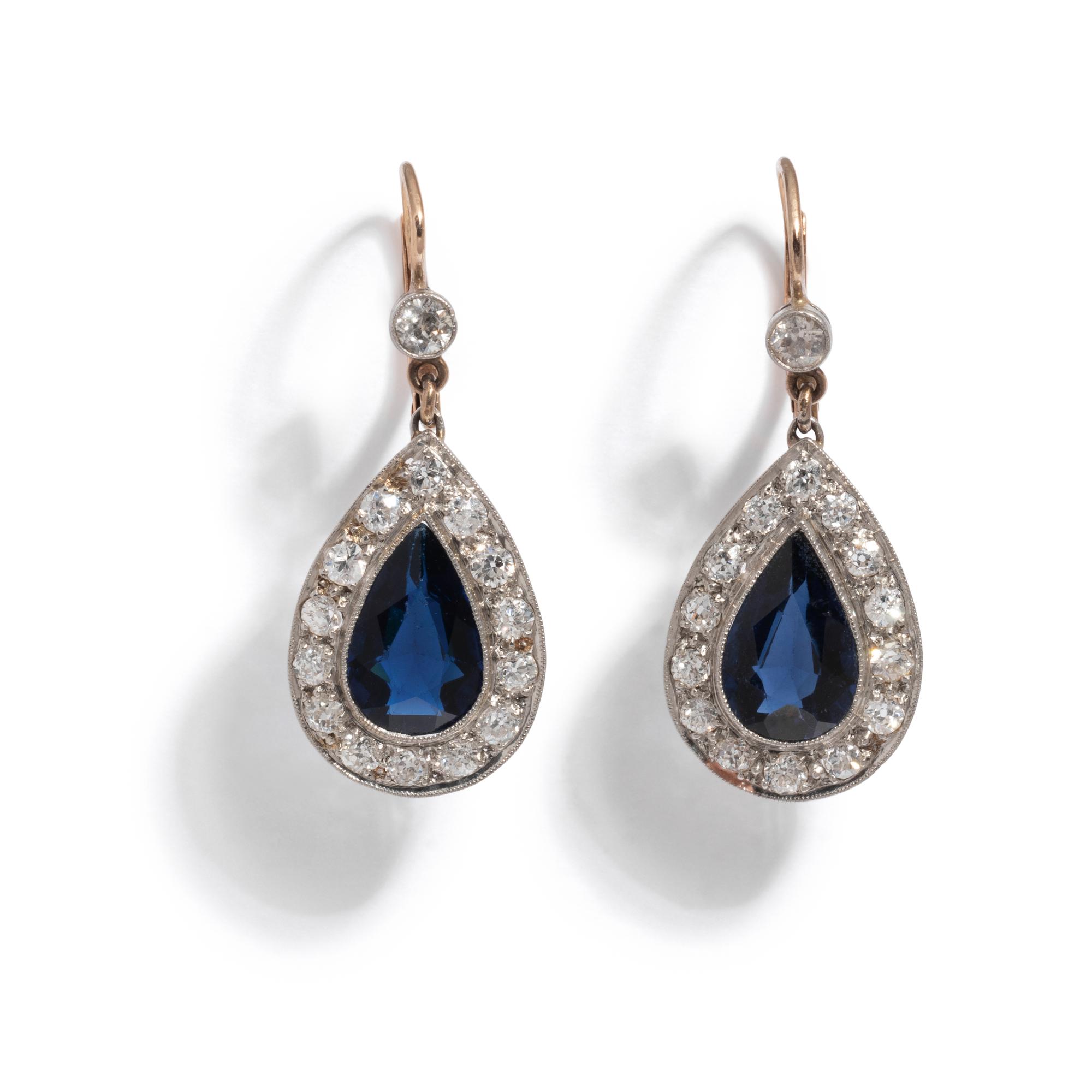 ANTIQUE, BLUE GLASS AND DIAMOND EARRINGS