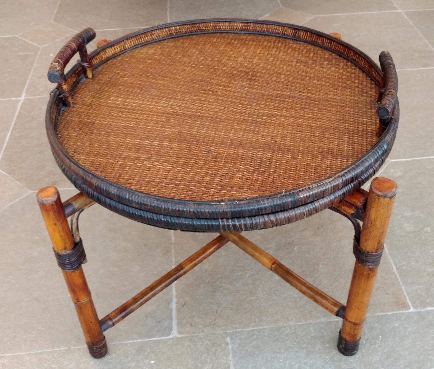 A Folding Table with Circular Tray Top Height 19 3/4 x diameter 28 1/2 inches.