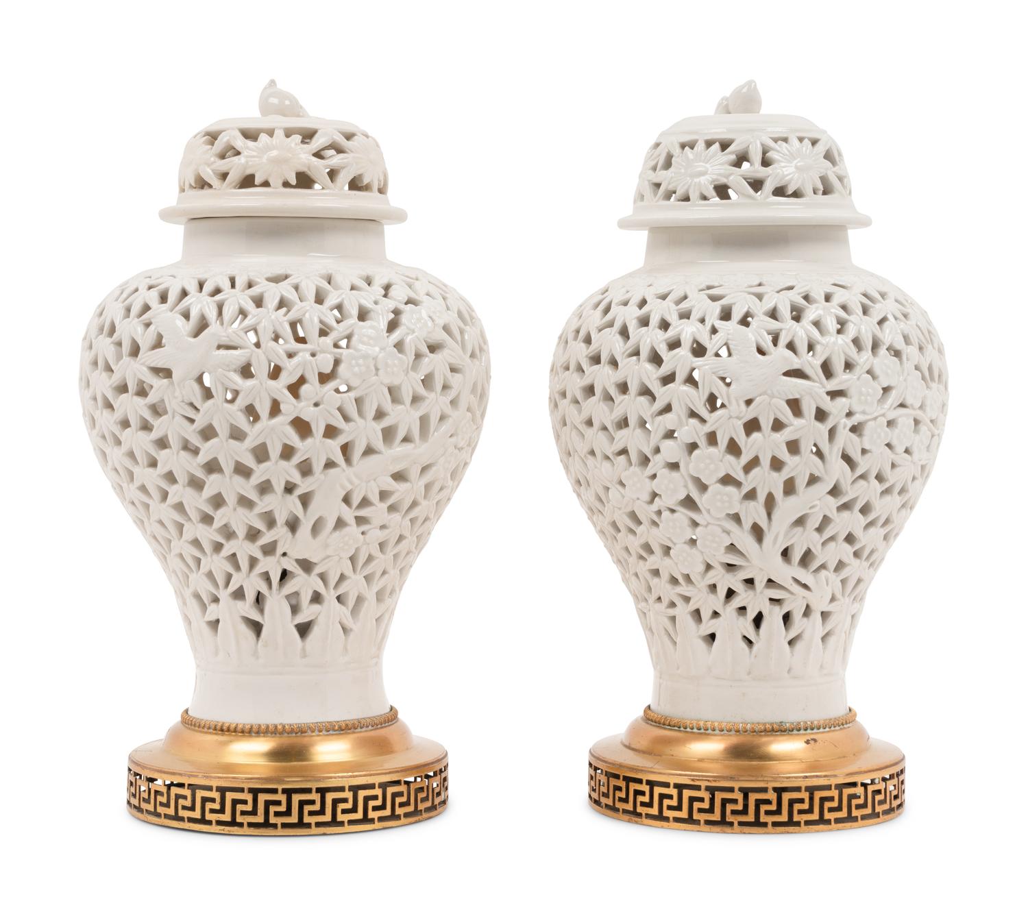 A Pair of White-Glazed Pierced Porcelain Jars Mounted as Lamps