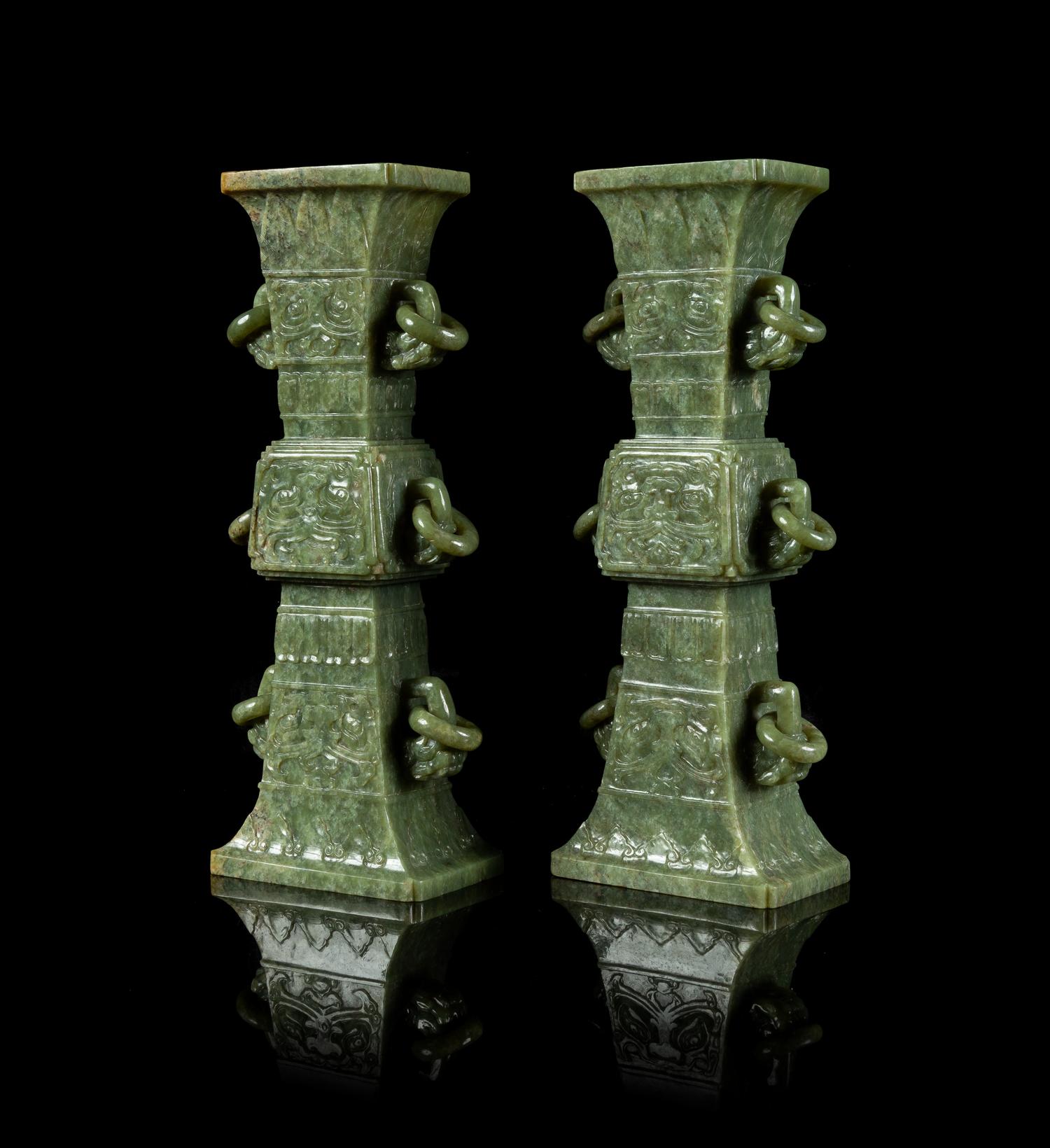 A Pair of Carved Spinach Jade Gu- Form Vases