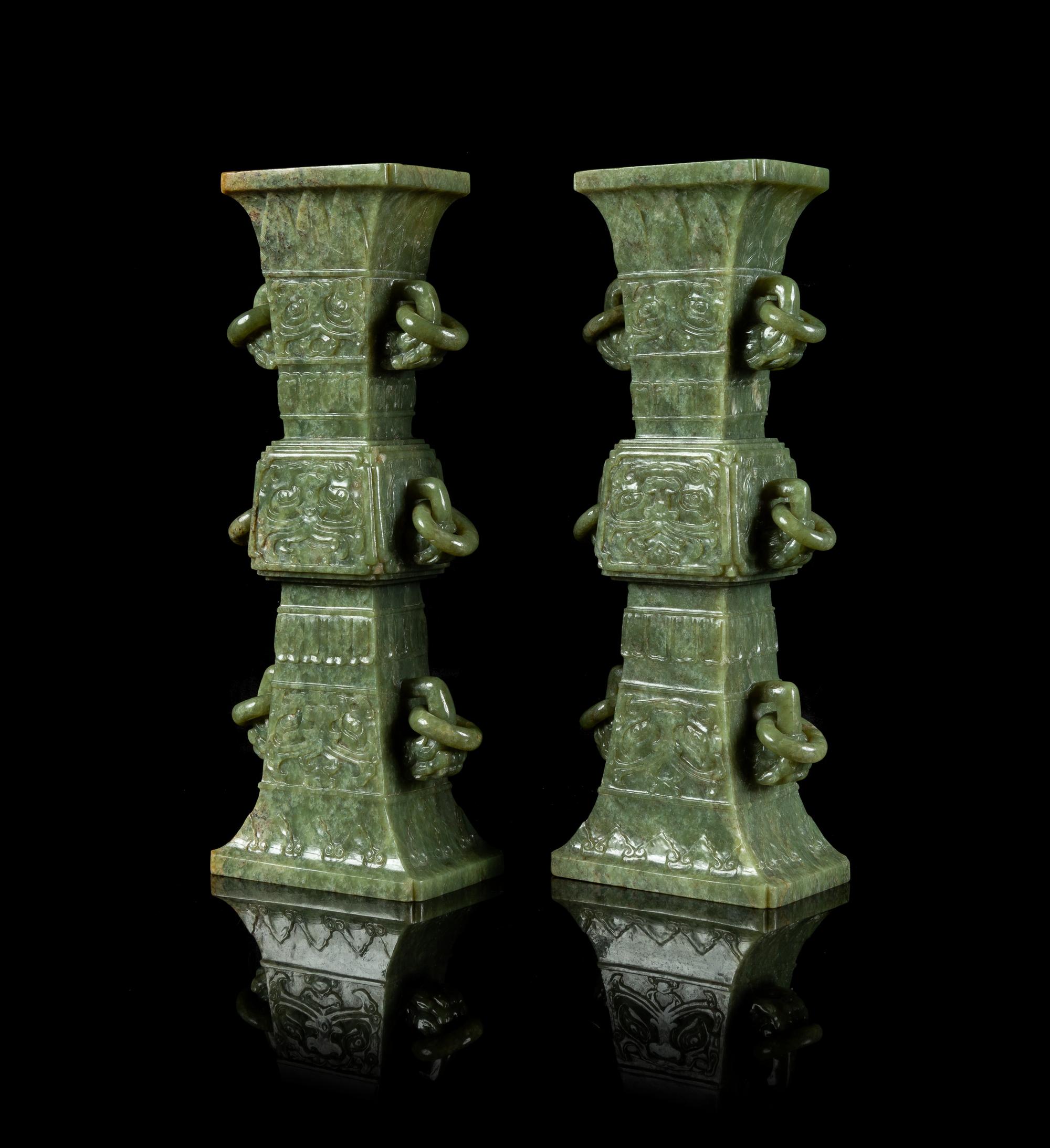 A Pair of Carved Spinach Jade Gu- Form Vases