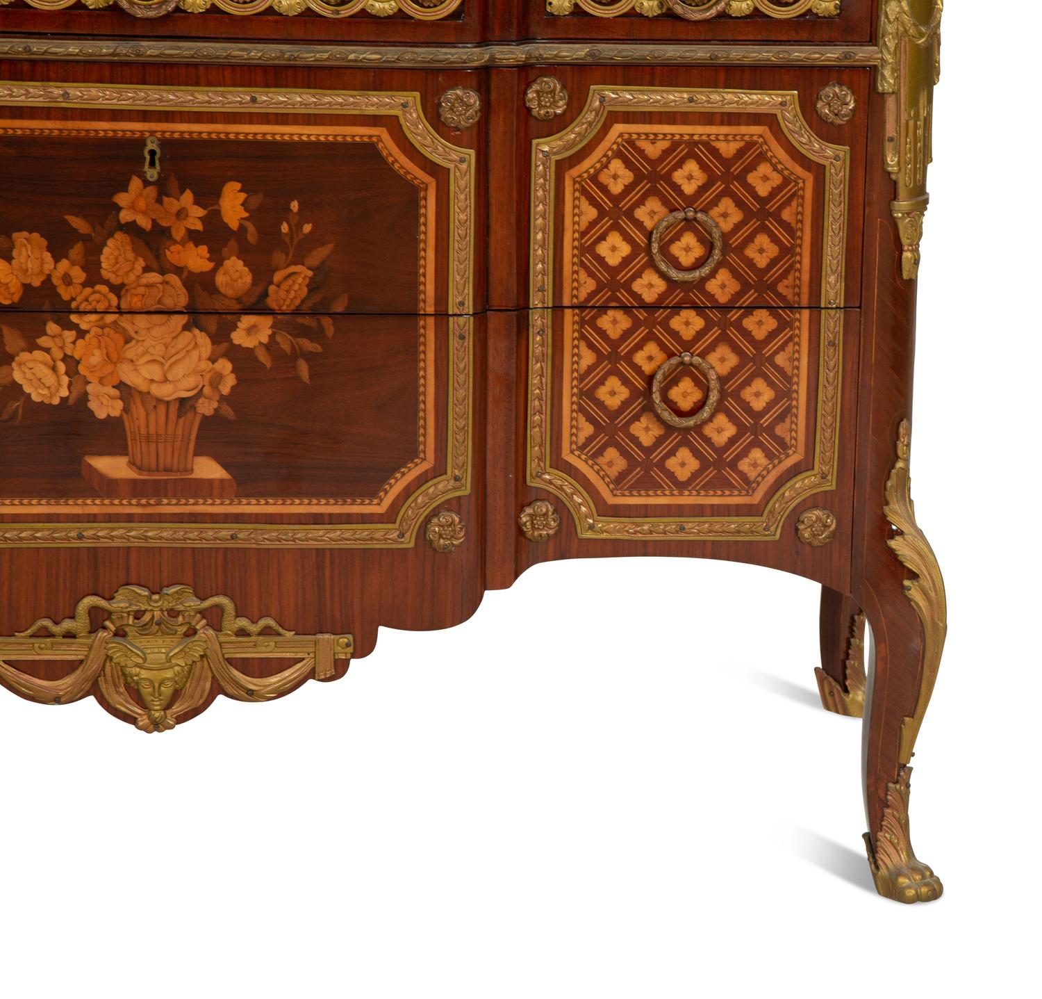 A Louis XV/XVI Transitional Style Gilt Metal Mounted Marquetry Marble-Top Commode