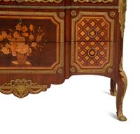 A Louis XV/XVI Transitional Style Gilt Metal Mounted Marquetry Marble-Top Commode