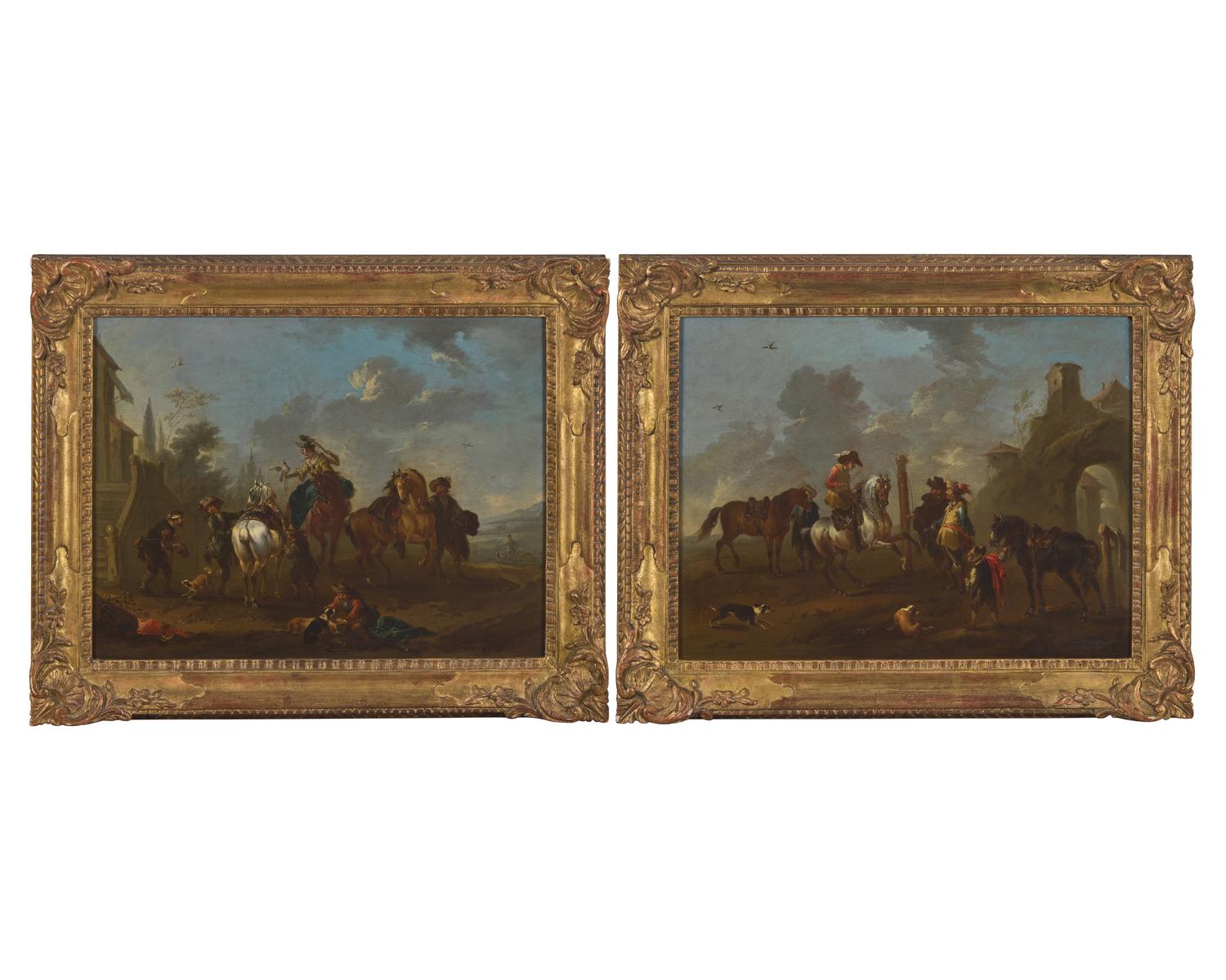 August Querfurt (Austrian, 1696-1761), A Pair: Cavalier Meeting; together with Hawking Party