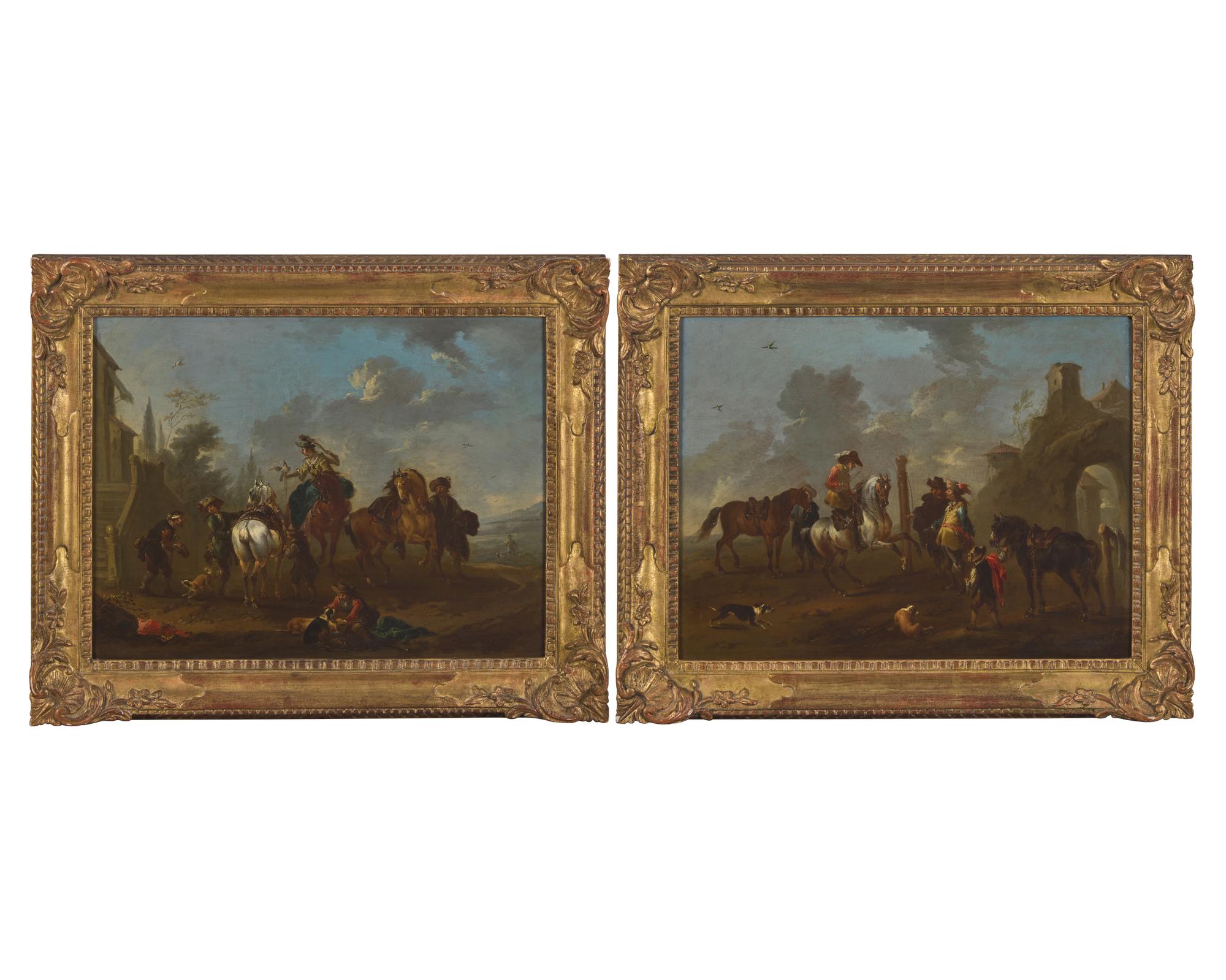 August Querfurt (Austrian, 1696-1761), A Pair: Cavalier Meeting; together with Hawking Party
