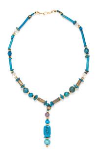 A Gold Tone, Glass, Rock Crystal, and Faience Bead Necklace, Egyptian,