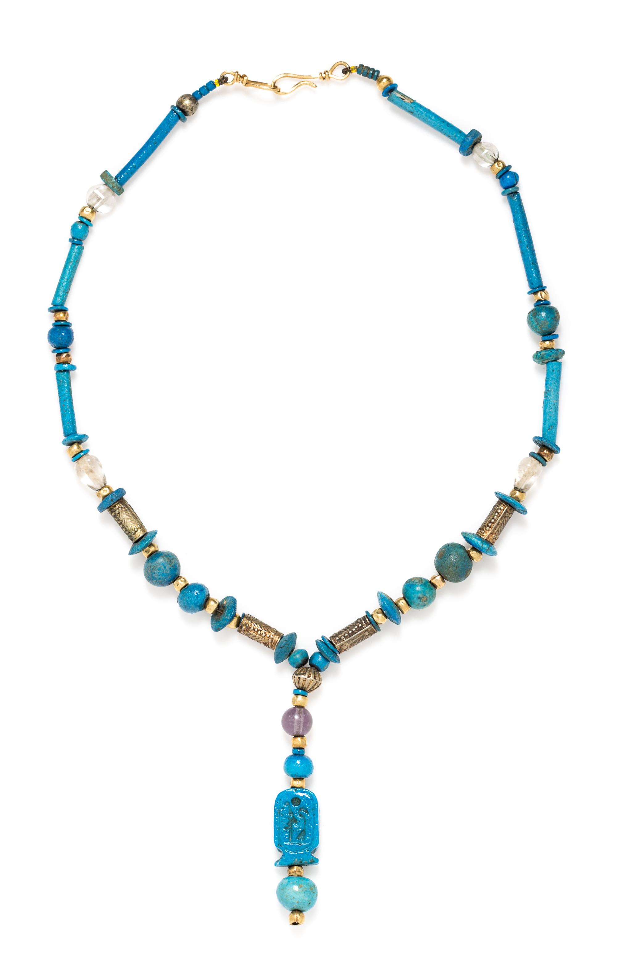 A Gold Tone, Glass, Rock Crystal, and Faience Bead Necklace, Egyptian,