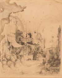 Marius Bauer, (Dutch, 1867-1932), A group of five works: Tent Bazaar, A Bazaar at Damascus, North Porch, Figures at Mosque Steps togeth