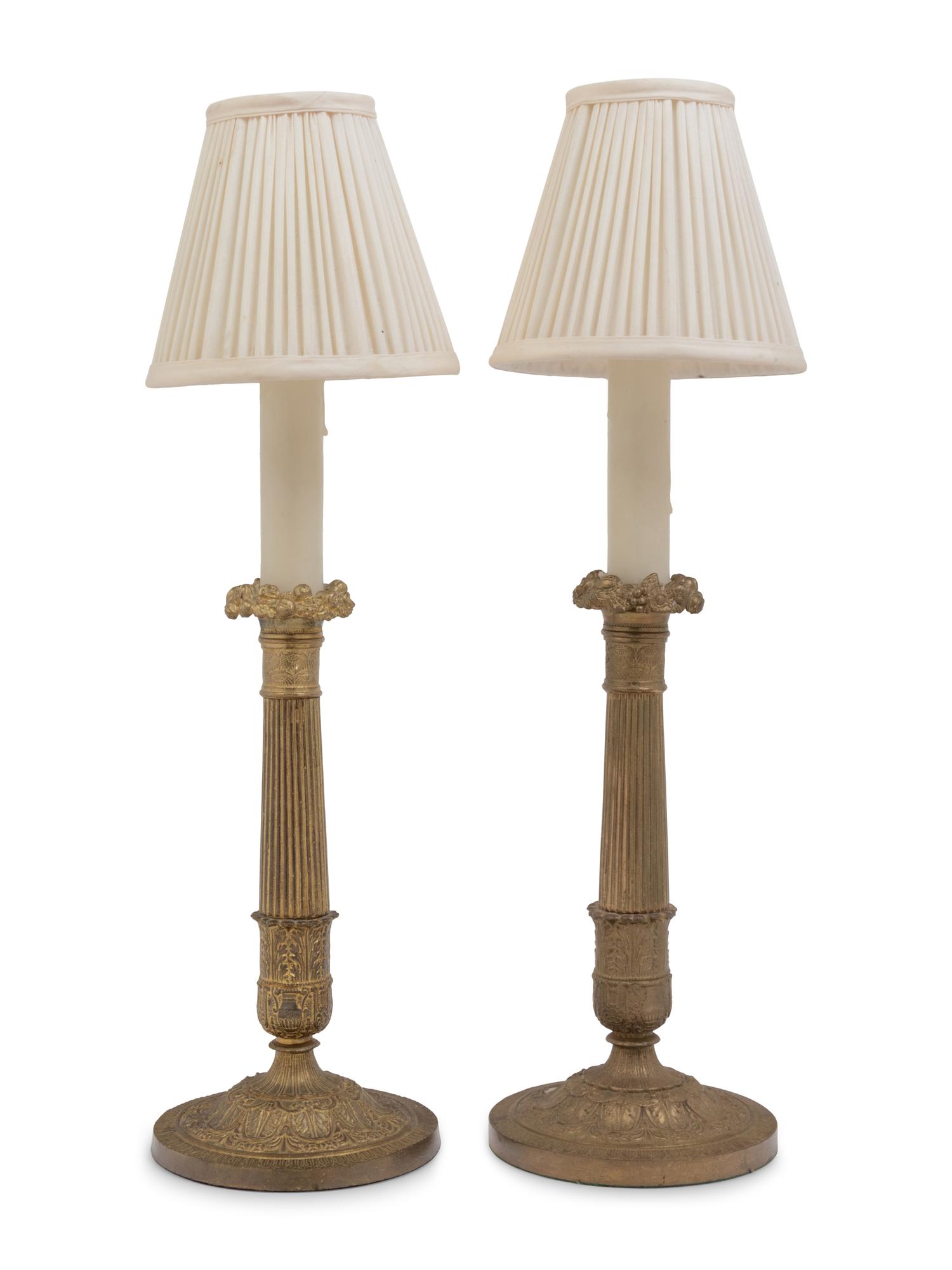 A Pair of Charles X Style Gilt Metal Candlesticks Mounted as Lamps