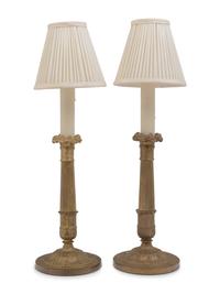 A Pair of Charles X Style Gilt Metal Candlesticks Mounted as Lamps