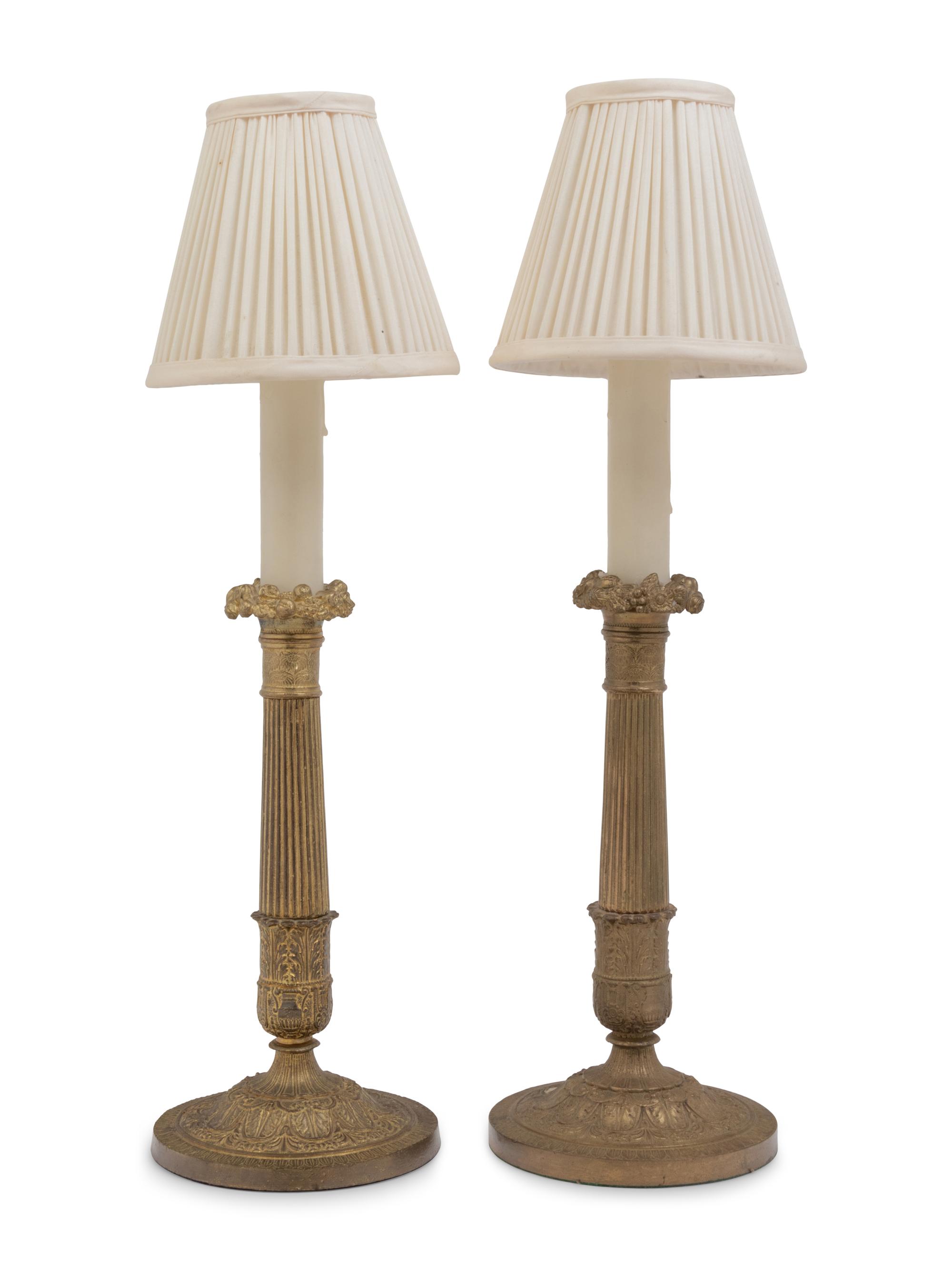 A Pair of Charles X Style Gilt Metal Candlesticks Mounted as Lamps