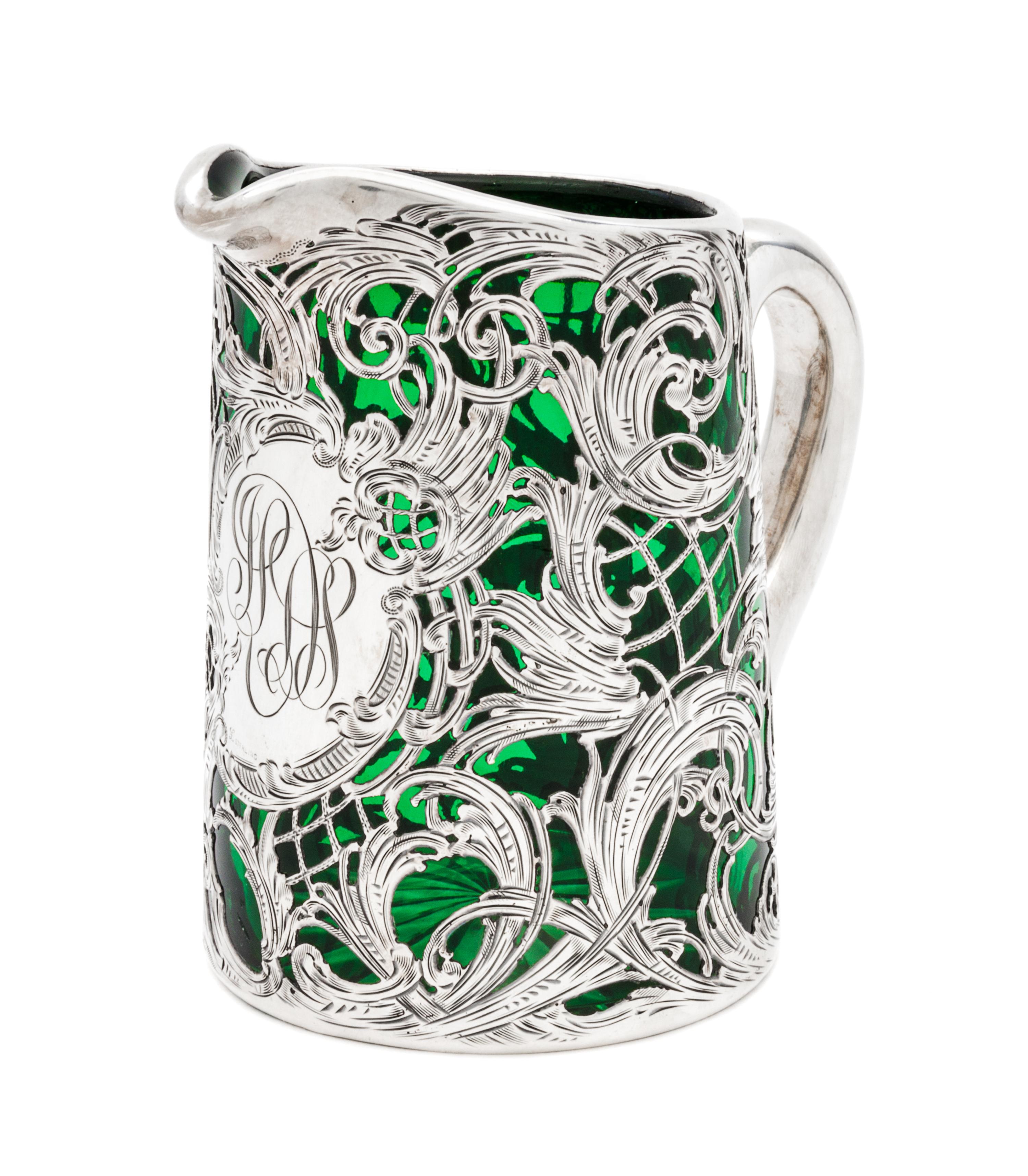A Silver Overlay Glass Ewer Height 4 3/4 inches.