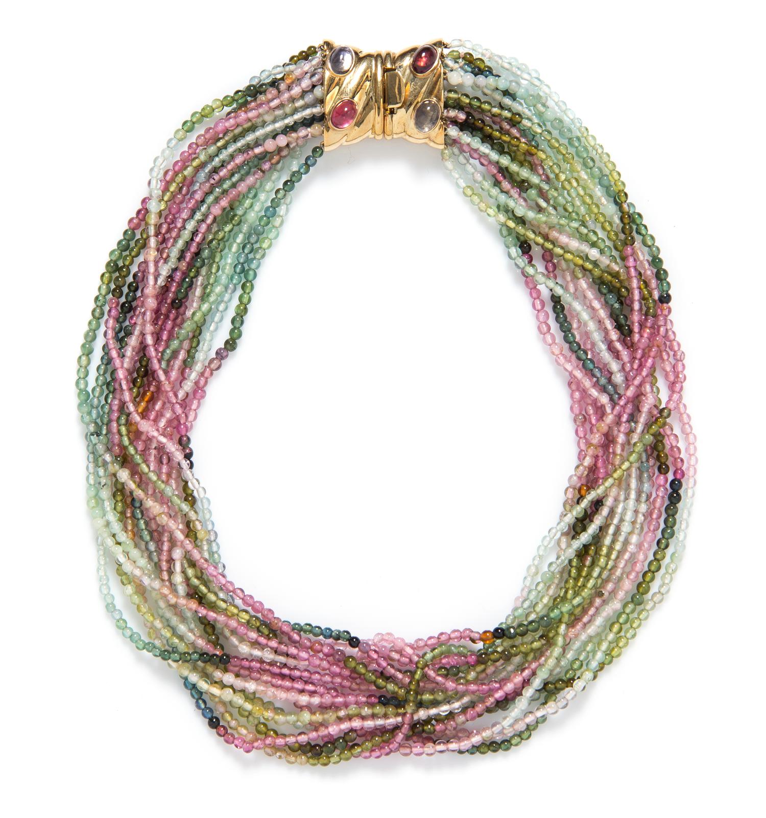 A 14 Karat Yellow, Amethyst, Quartz, and Tourmaline Multistrand Bead Torsade Necklace, 59.40 dwts.