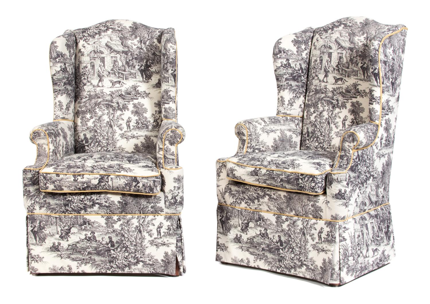 A Pair of Toile Upholstered Armchairs Height 51 x width 31 x depth 26 inches. — 20TH CENTURY