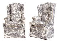 A Pair of Toile Upholstered Armchairs Height 51 x width 31 x depth 26 inches. — 20TH CENTURY