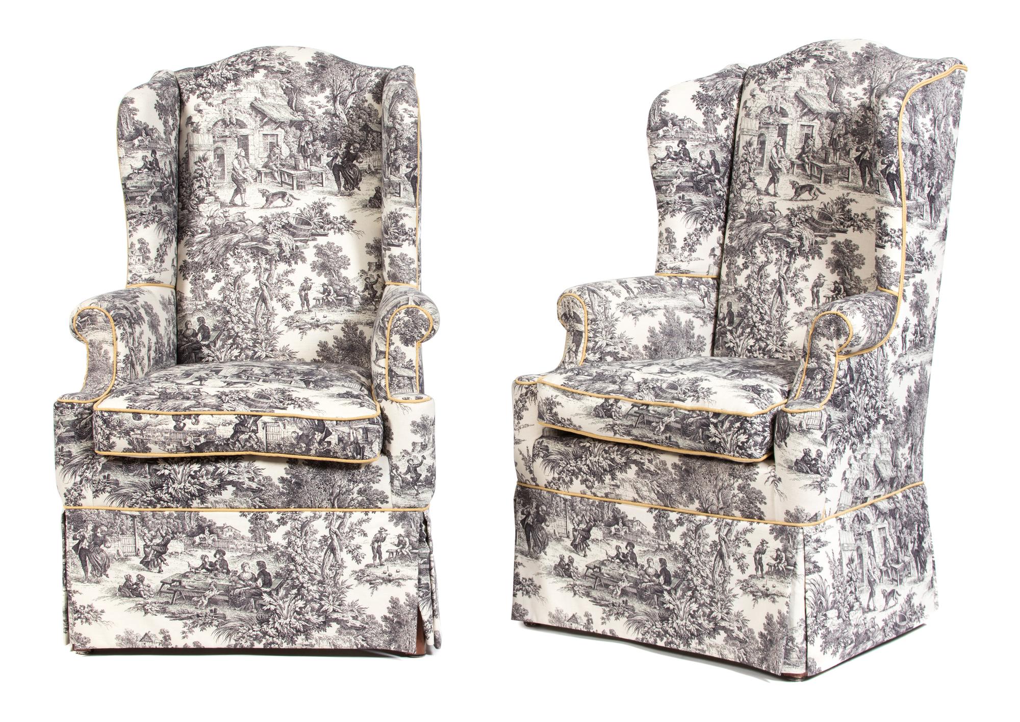 A Pair of Toile Upholstered Armchairs Height 51 x width 31 x depth 26 inches. — 20TH CENTURY