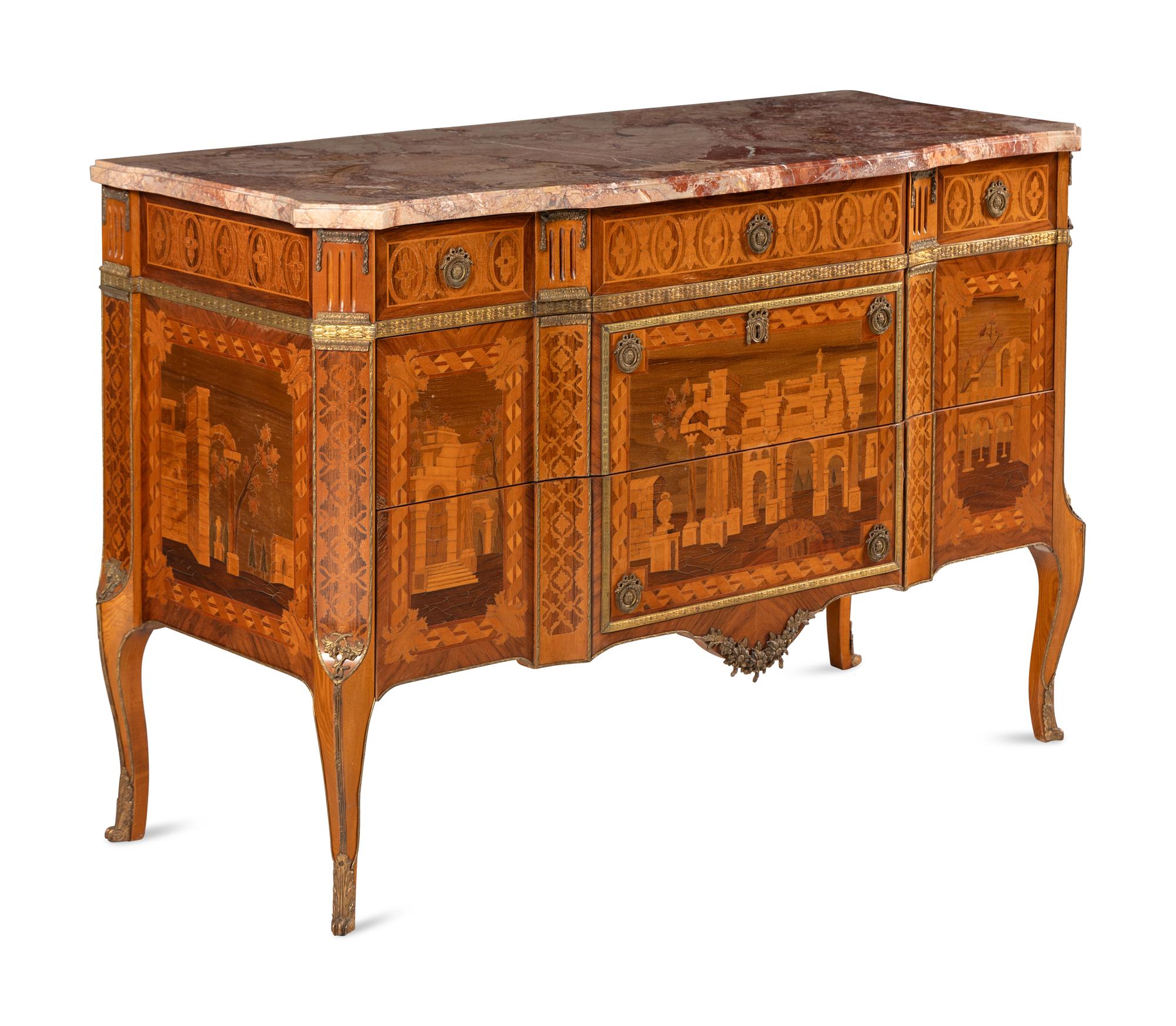 An Italian Marquetry Marble-Top Commode