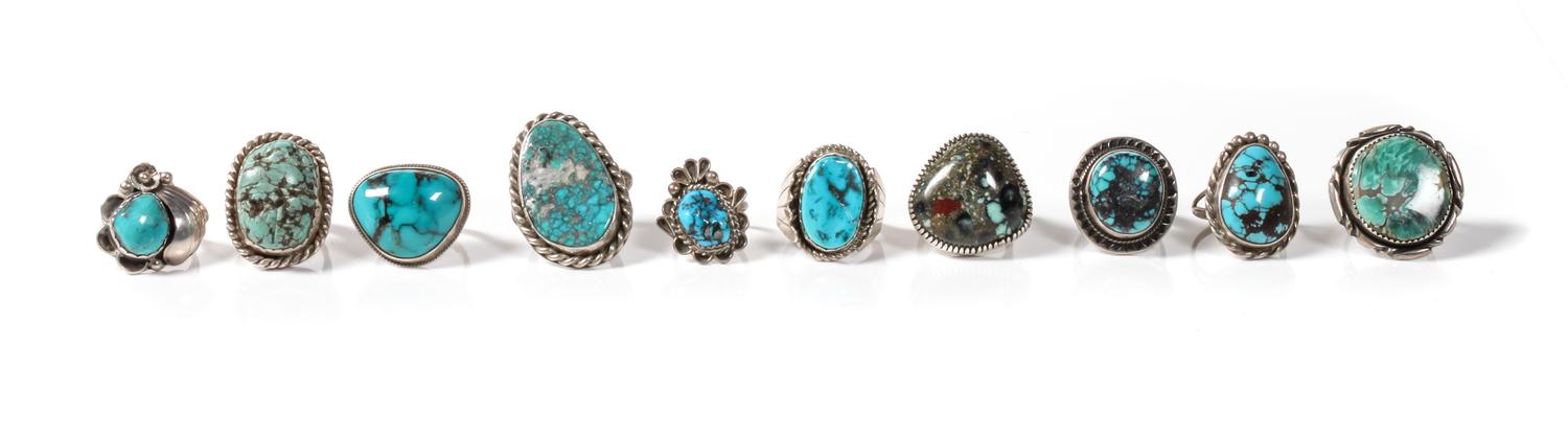 Ten Navajo Silver and Turquoise Rings