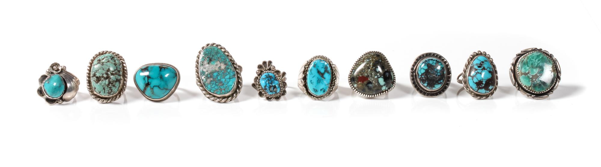 Ten Navajo Silver and Turquoise Rings